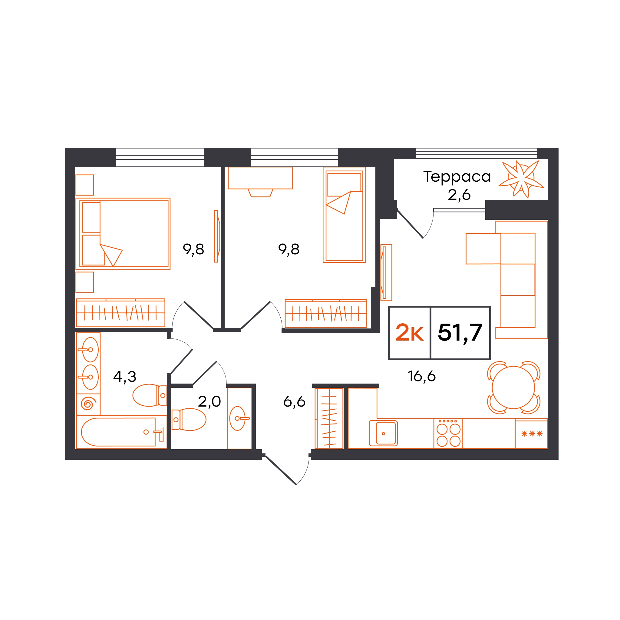 Планировка: 2-комнатная 51.7 м² в ЖК Чемпионский, Чемпионский