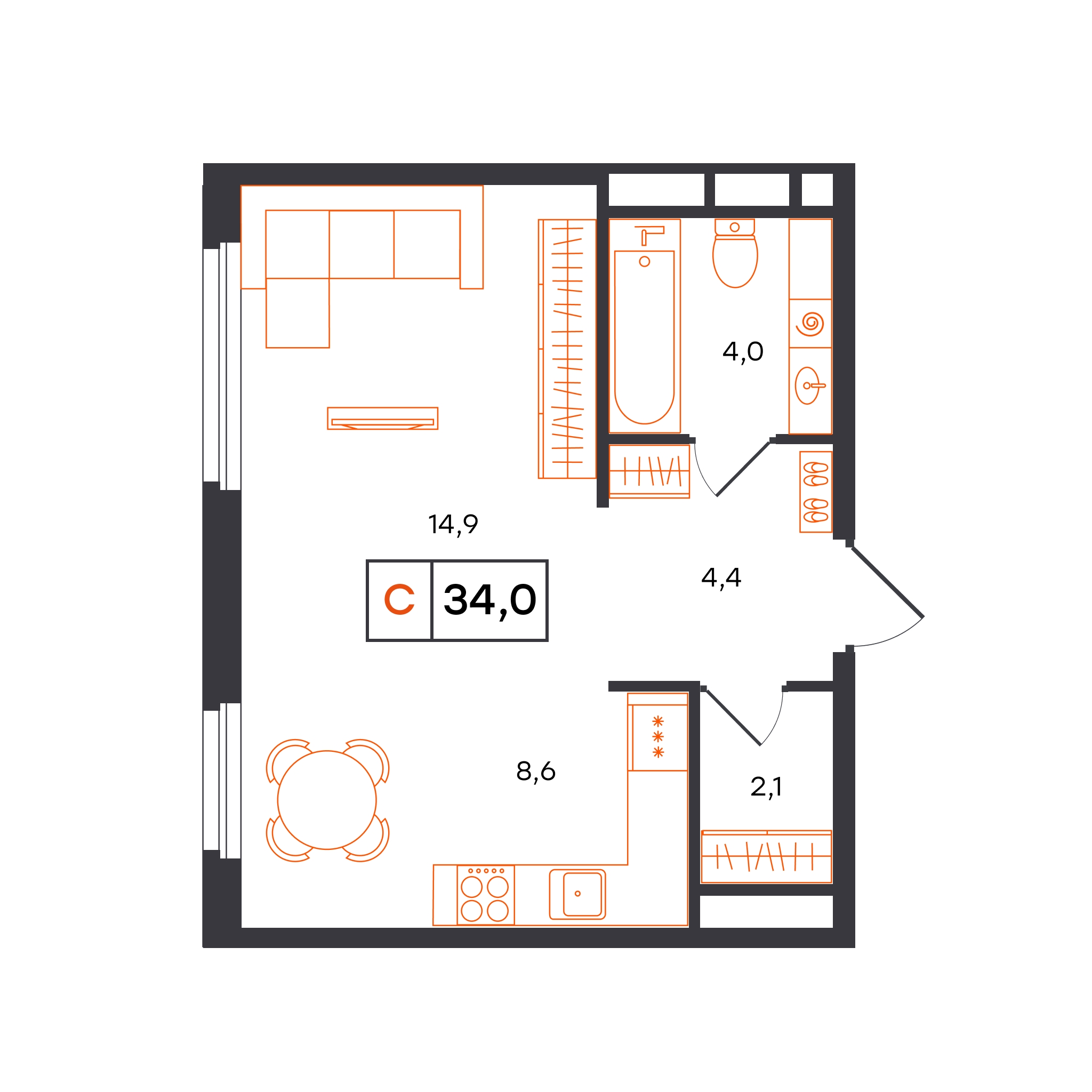 Планировка: Студия 34 м² в ЖК Отличие, Комарово Парк
