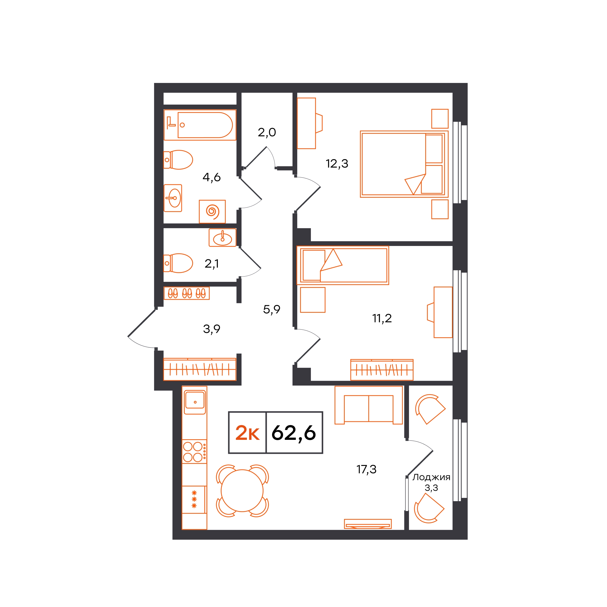 Планировка: Евротрешка 62.6 м² в ЖК Отличие, Комарово Парк