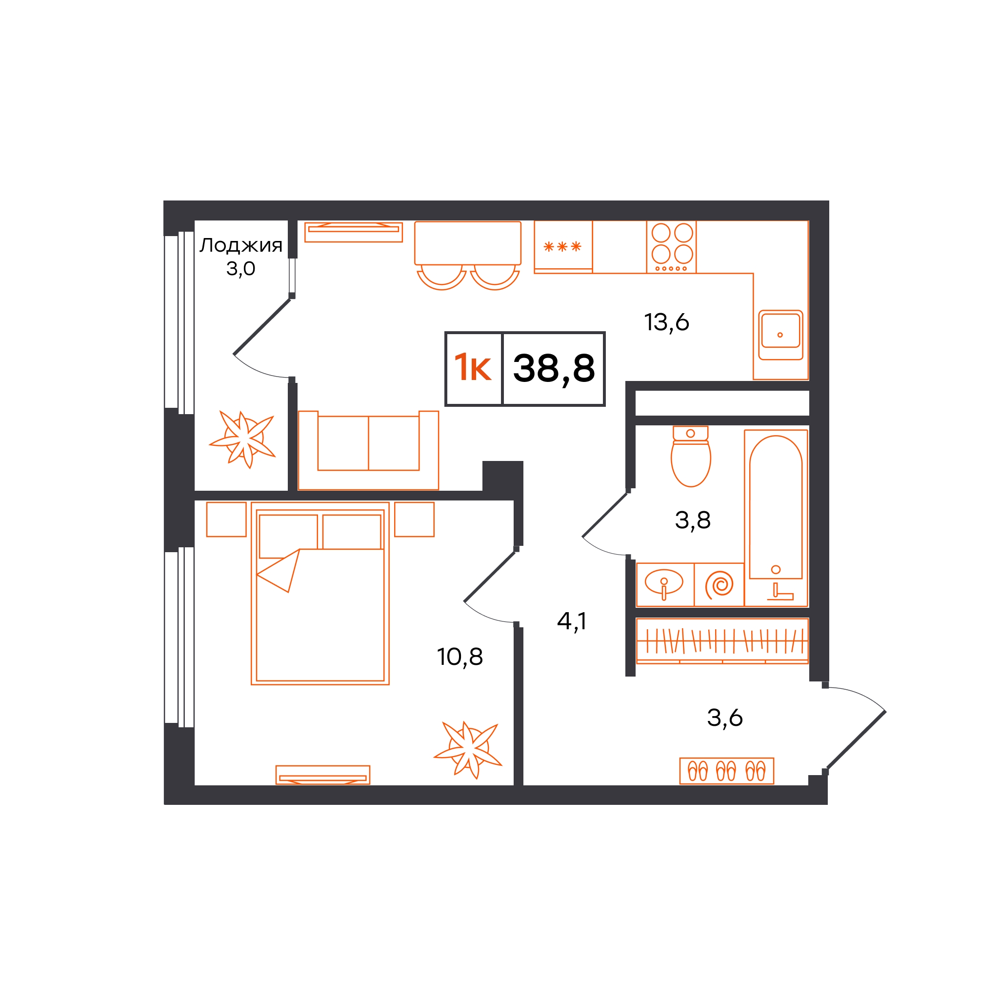 Планировка: Евродвушка 38.8 м² в ЖК Отличие, Комарово Парк