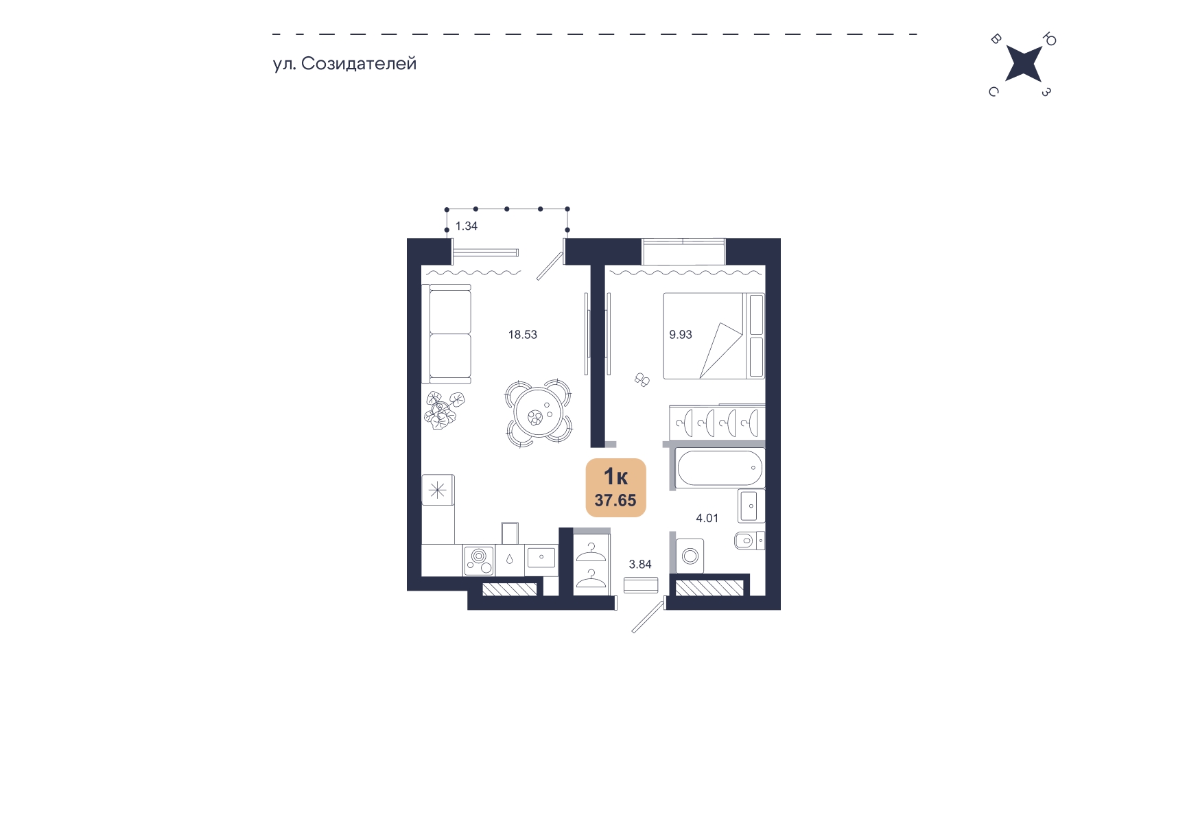 Планировка: Евродвушка 37.6 м² в ЖК Хито, От Слободы до Комарово парк
