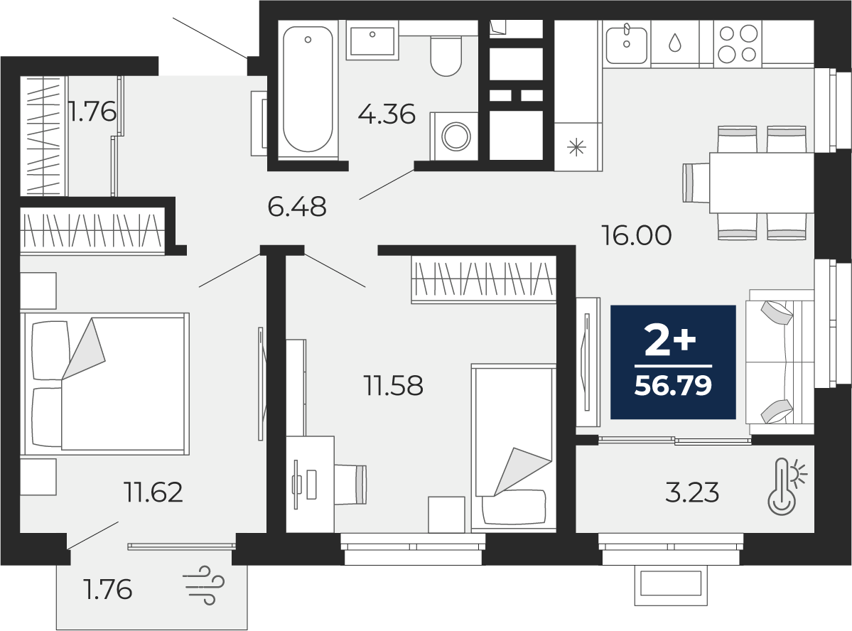 Планировка: Евротрешка 56.8 м² в ЖК Беринг, Лесобаза