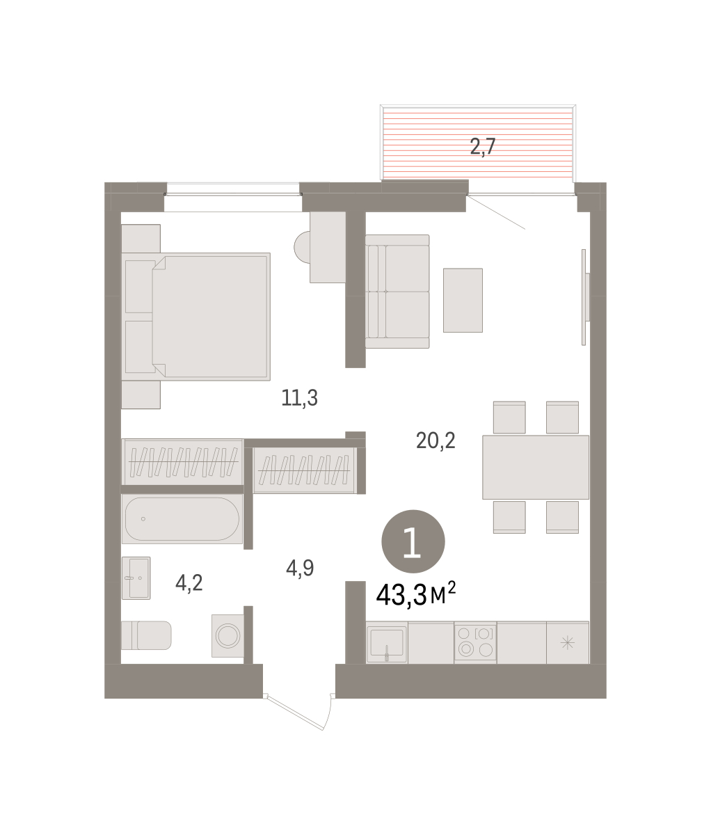 Планировка: 1-комнатная 43.3 м² в ЖК Речной порт, Центр: Дом печати