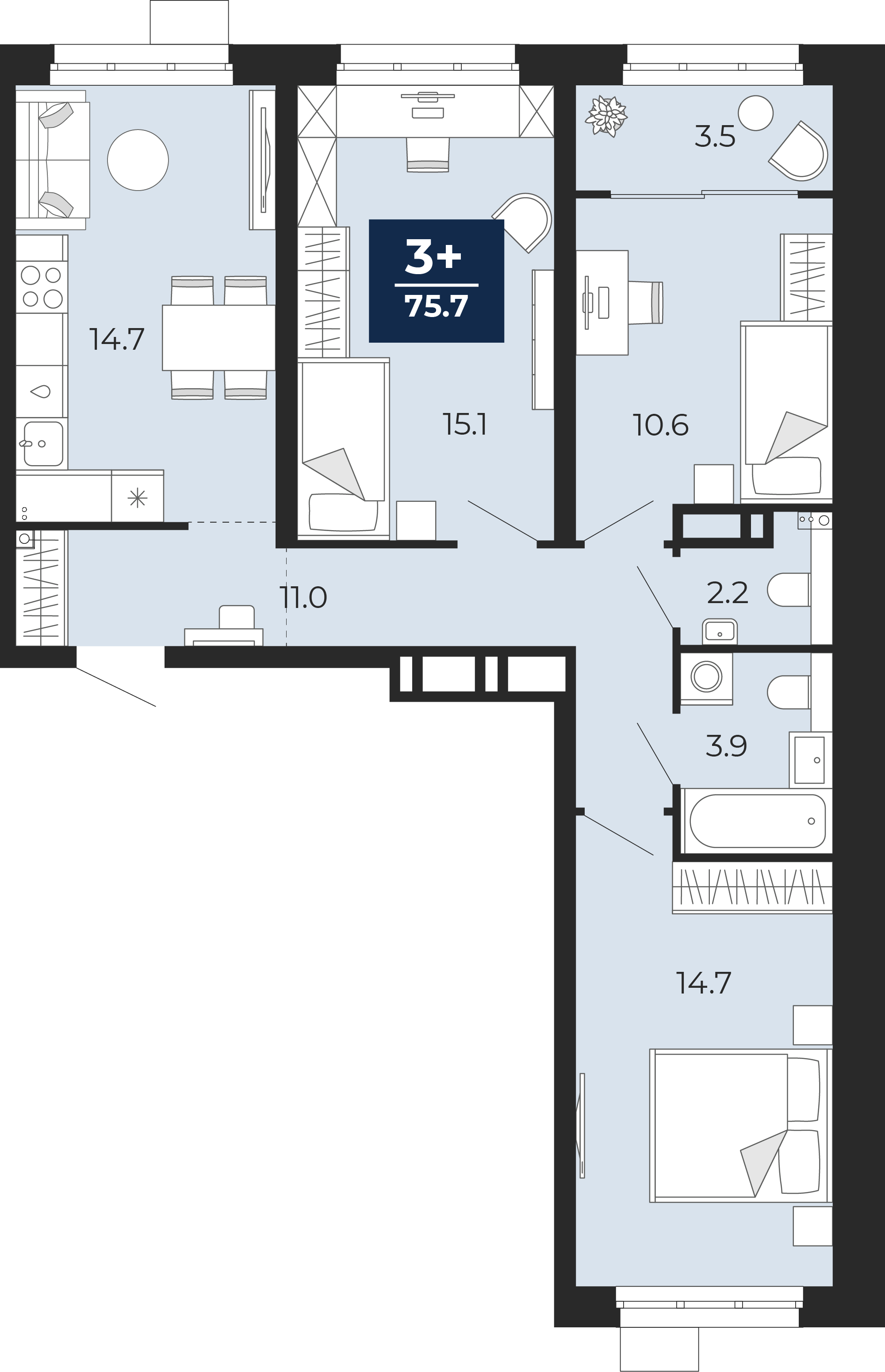 Планировка: 4-комнатная евро 77.3 м² в ЖК Беринг, Лесобаза