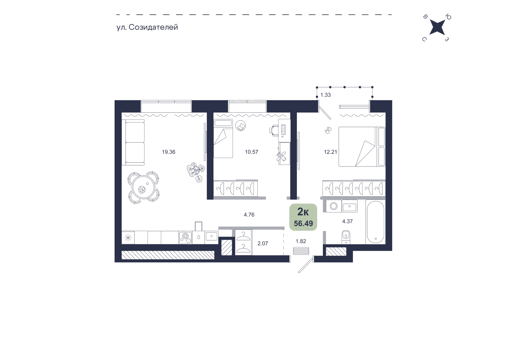 Планировка: Евротрешка 56.5 м² в ЖК Хито, От Слободы до Комарово парк