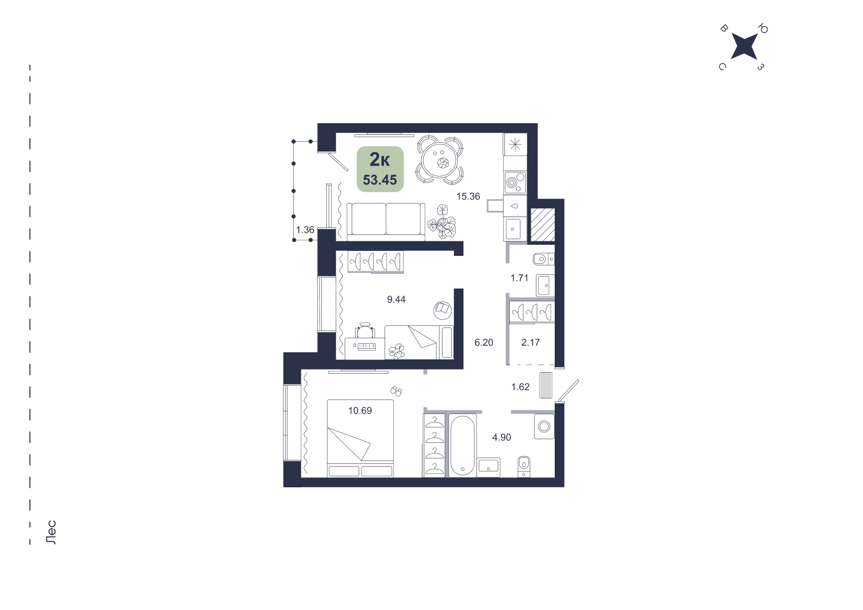 Планировка: Евротрешка 53.5 м² в ЖК Хито, От Слободы до Комарово парк