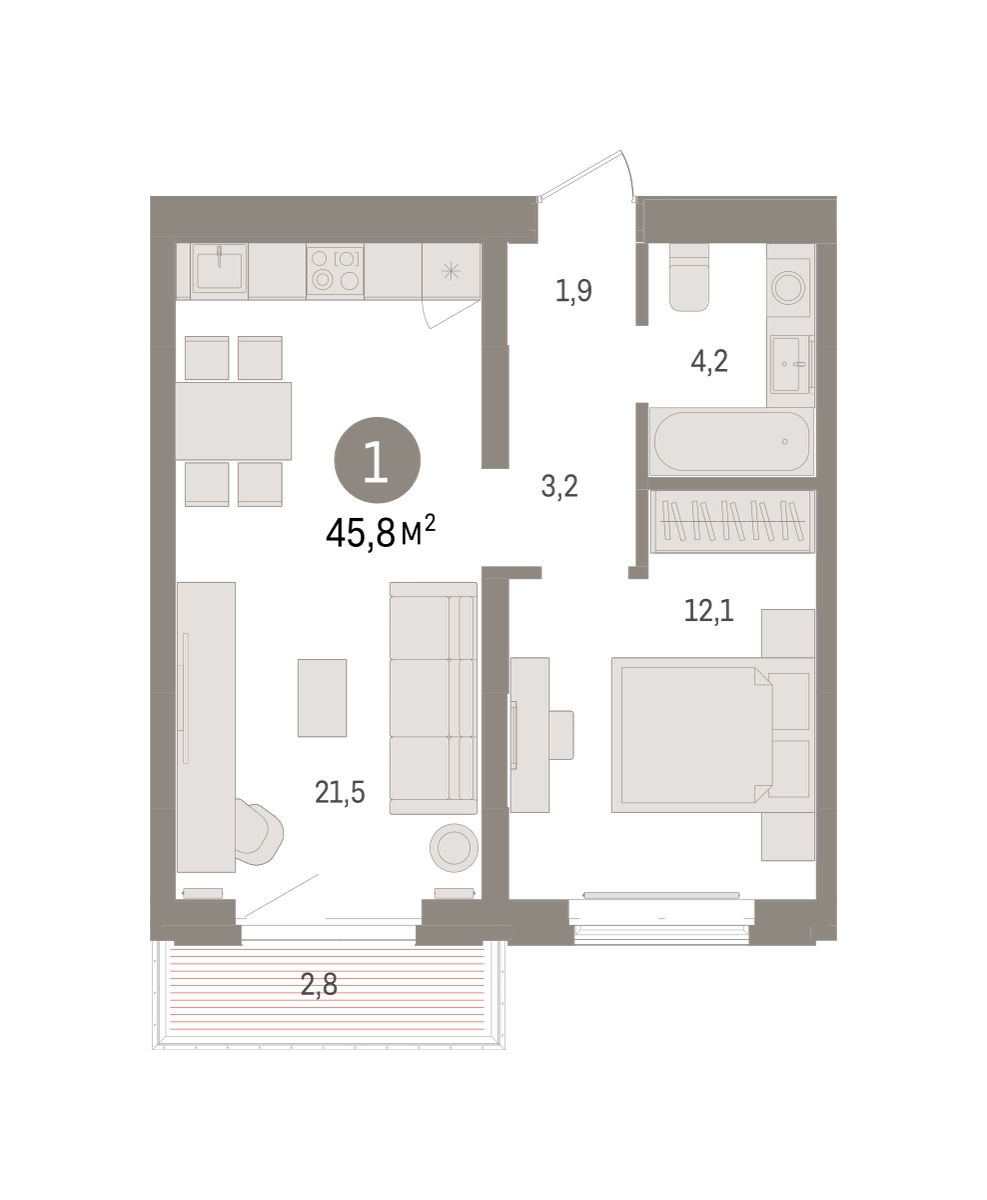 Планировка: 1-комнатная 45.8 м² в ЖК На Минской, Центр: Драмтеатр