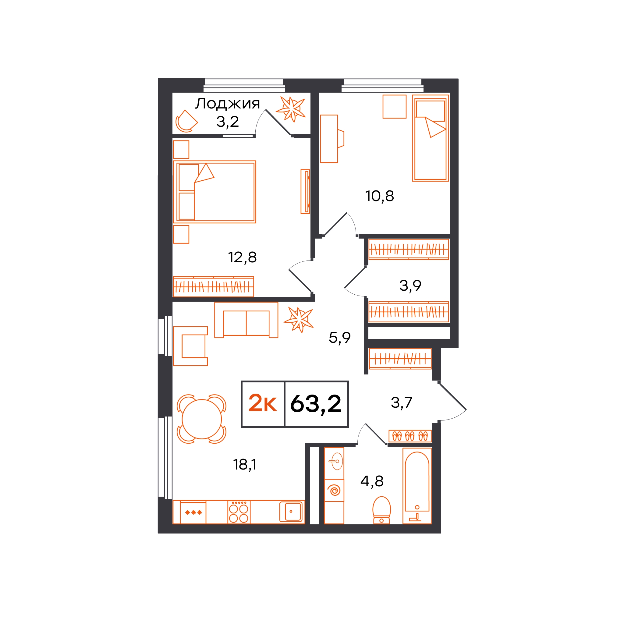 Планировка: Евротрешка 63.2 м² в ЖК Отличие, Комарово Парк