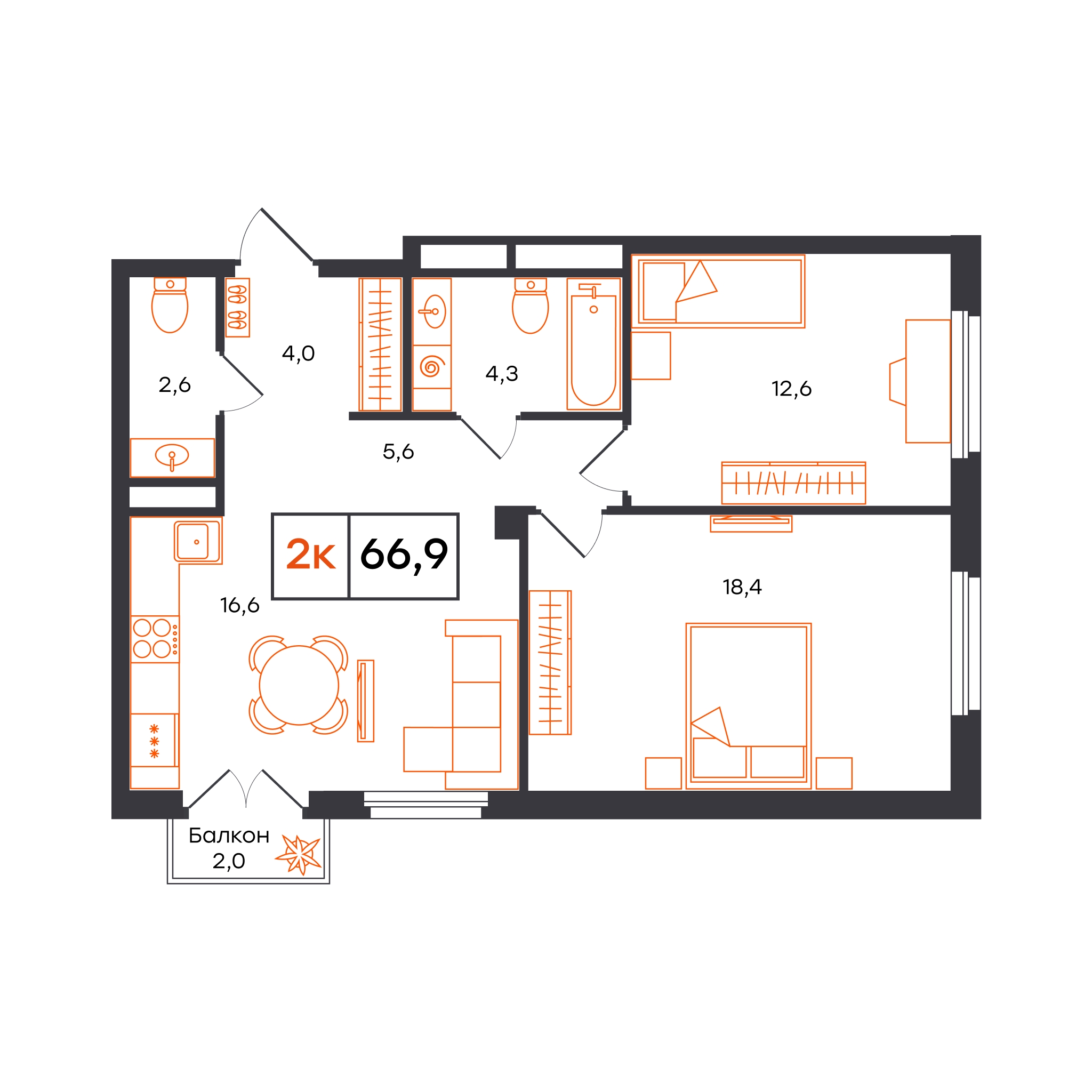 Планировка: Евротрешка 66.9 м² в ЖК Отличие, Комарово Парк
