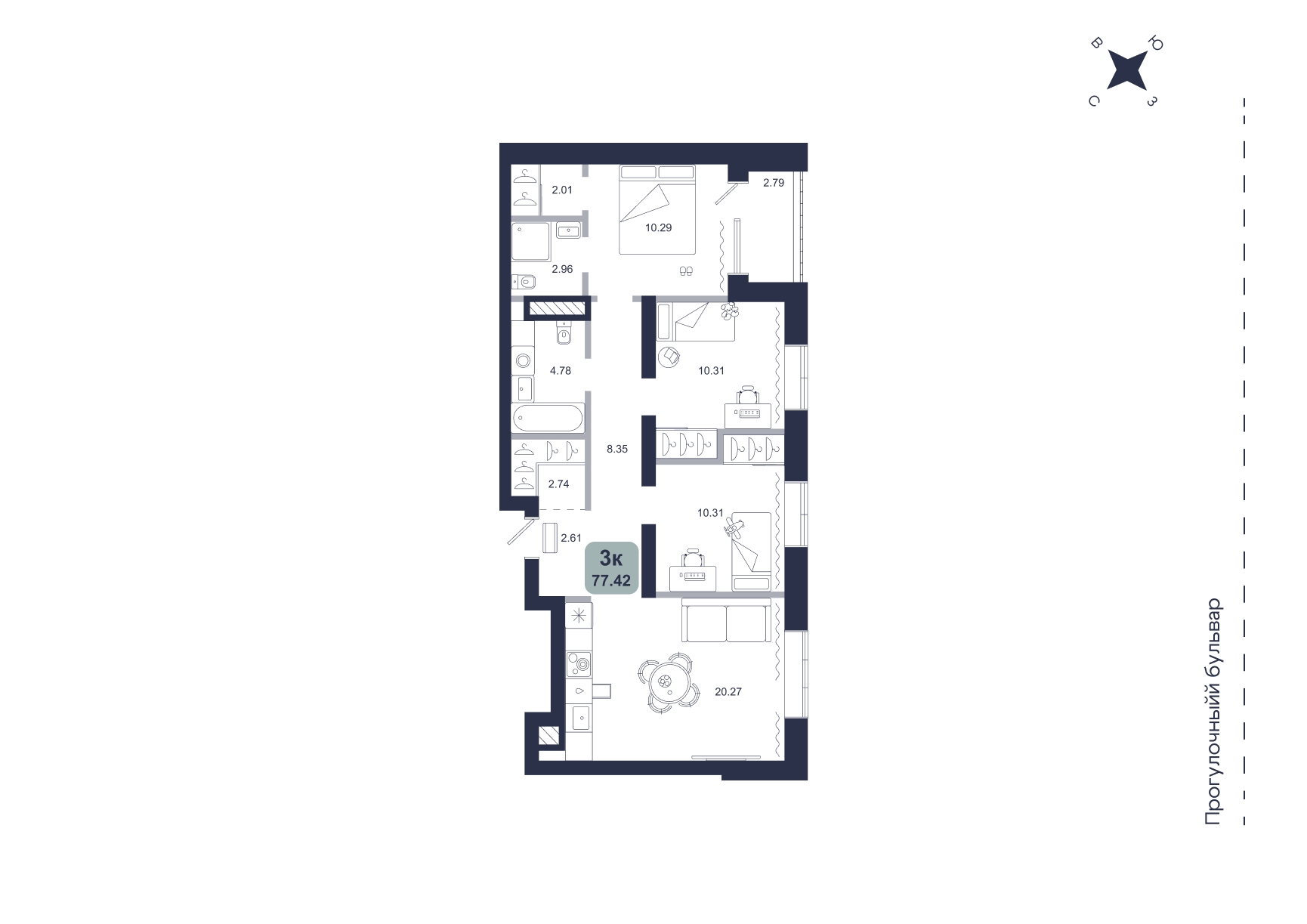 Планировка: 4-комнатная евро 77.4 м² в ЖК Хито, От Слободы до Комарово парк