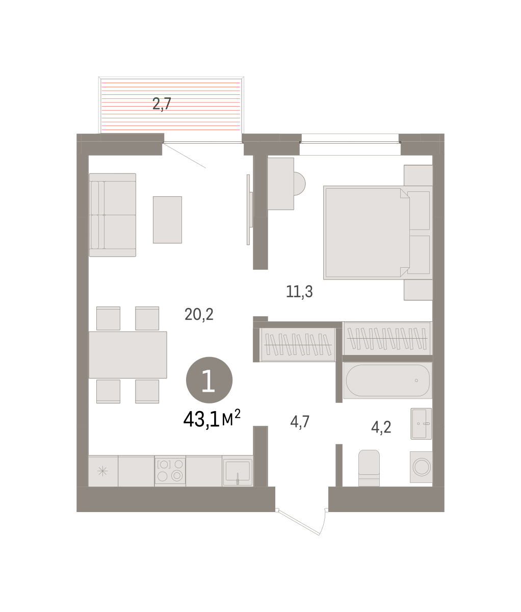 Планировка: Евродвушка 43.1 м² в ЖК Речной порт, Центр: Дом печати