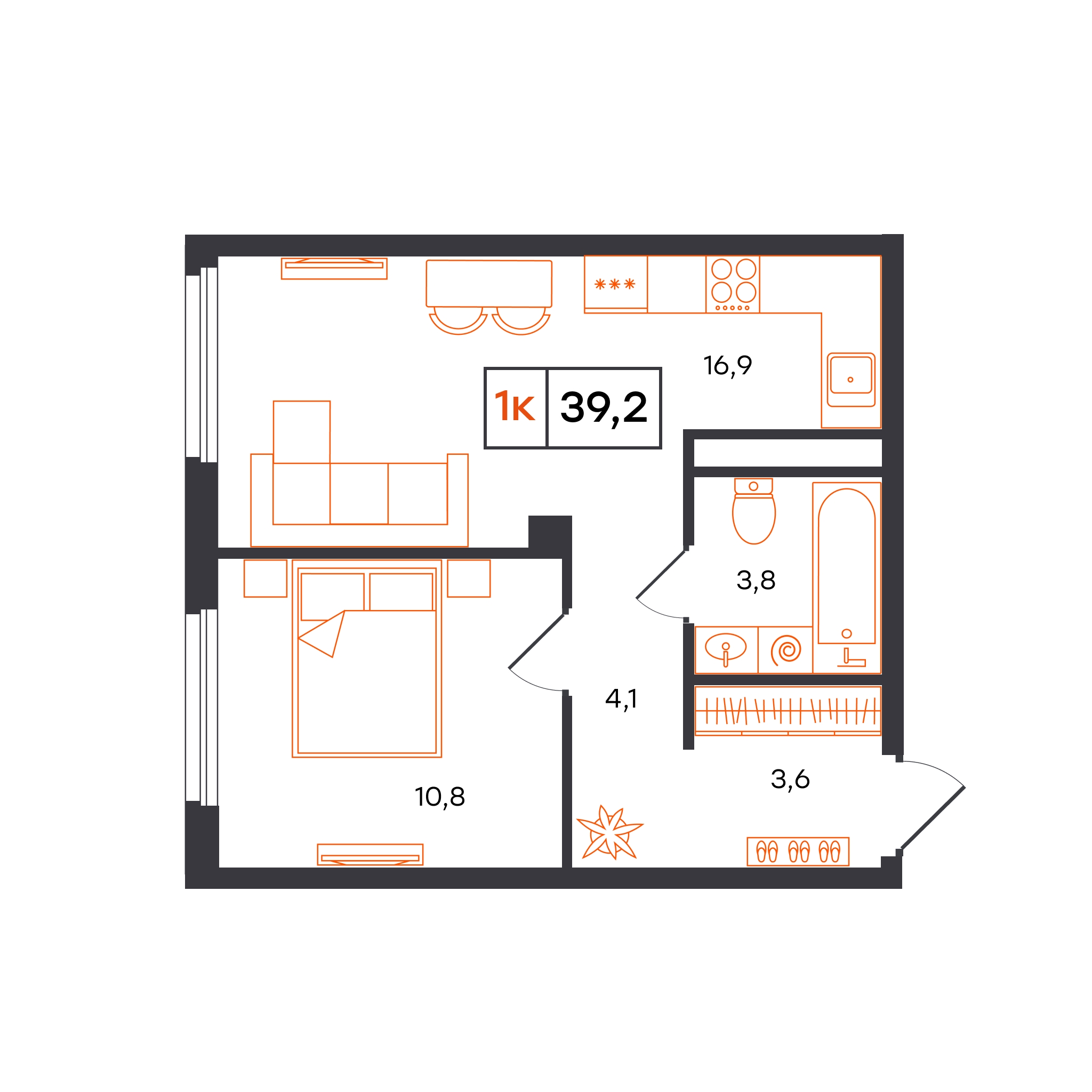 Планировка: Евродвушка 39.2 м² в ЖК Отличие, Комарово Парк