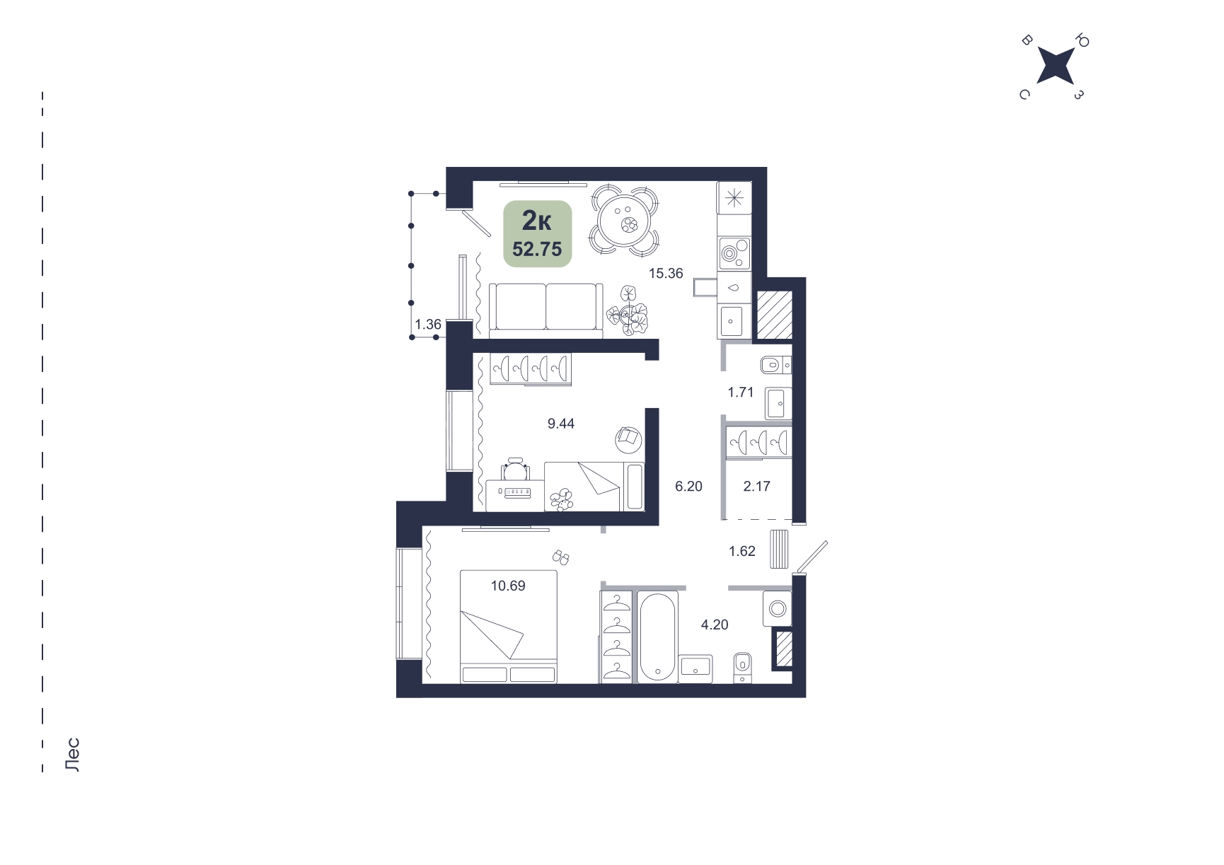 Планировка: Евротрешка 52.8 м² в ЖК Хито, От Слободы до Комарово парк