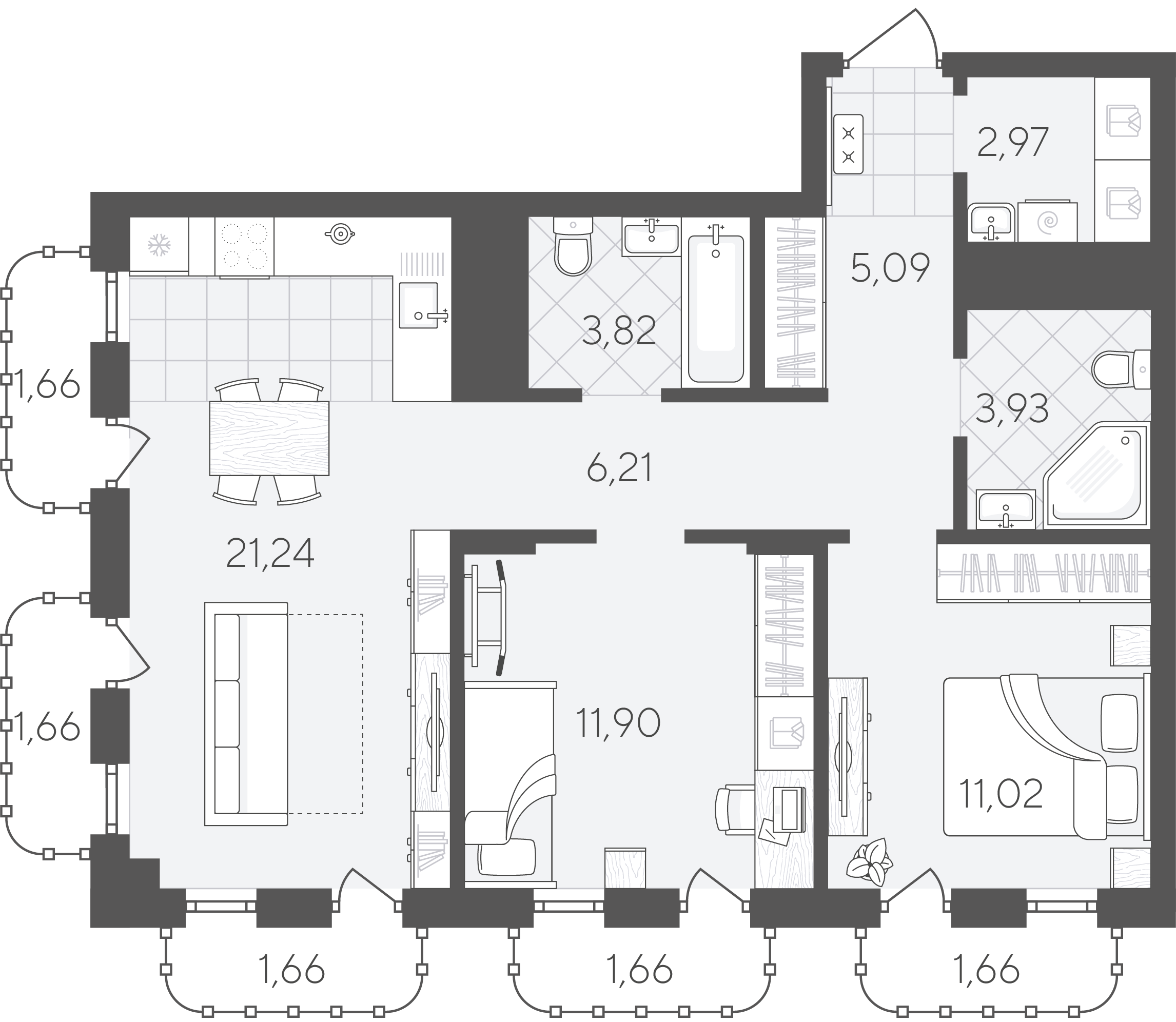 Планировка: Евротрешка 74.5 м² в ЖК Скандиа. Квартал в Слободе, Тюменская слобода