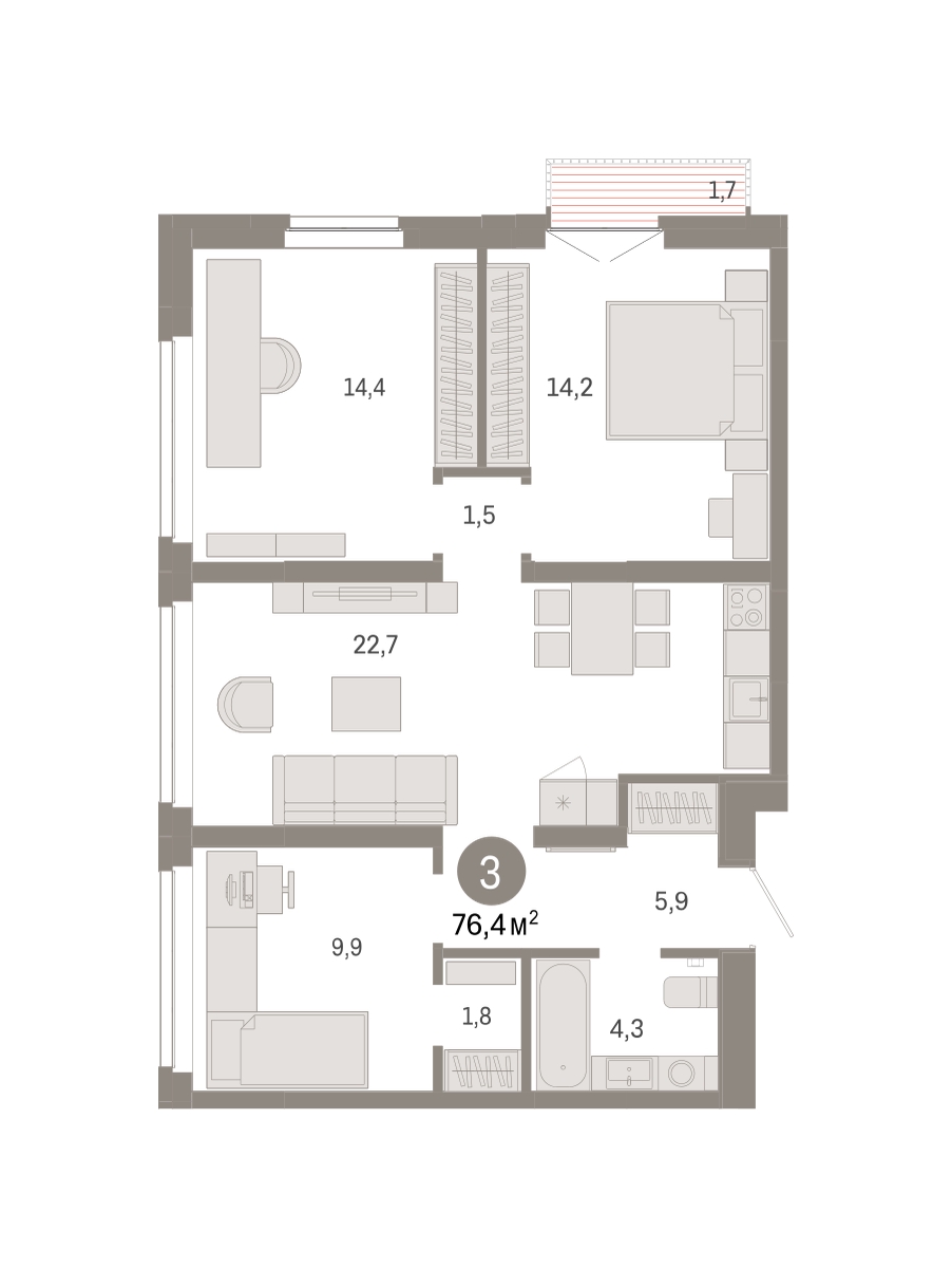 Планировка: 4-комнатная евро 76.4 м² в ЖК Республики 205, Центр: КПД