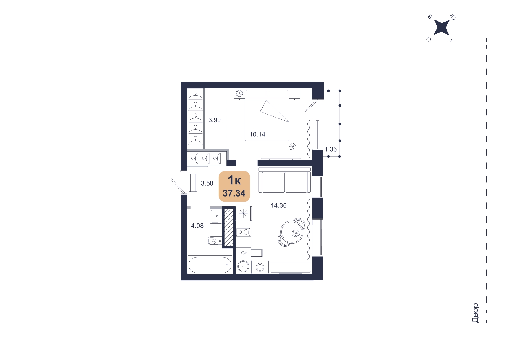 Планировка: Евродвушка 37.3 м² в ЖК Хито, От Слободы до Комарово парк