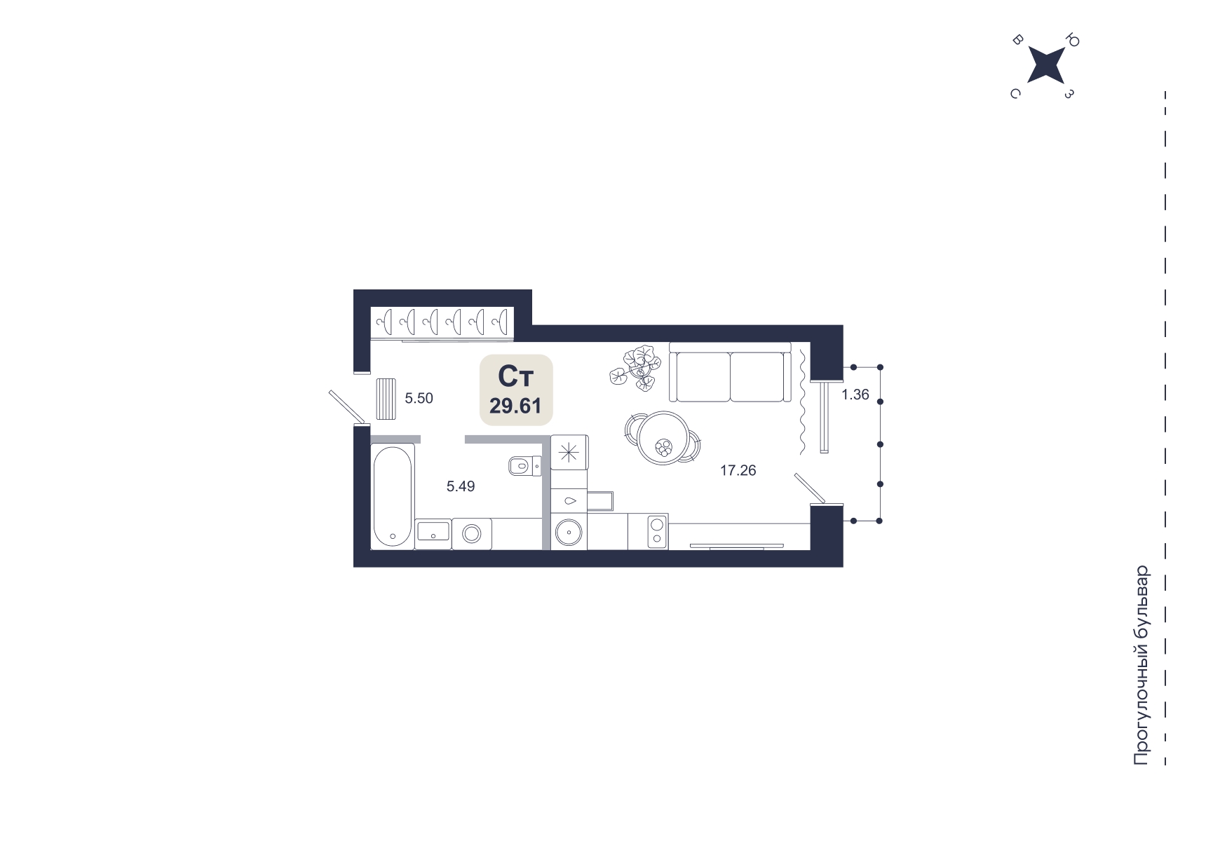 Планировка: Студия 29.6 м² в ЖК Хито, От Слободы до Комарово парк