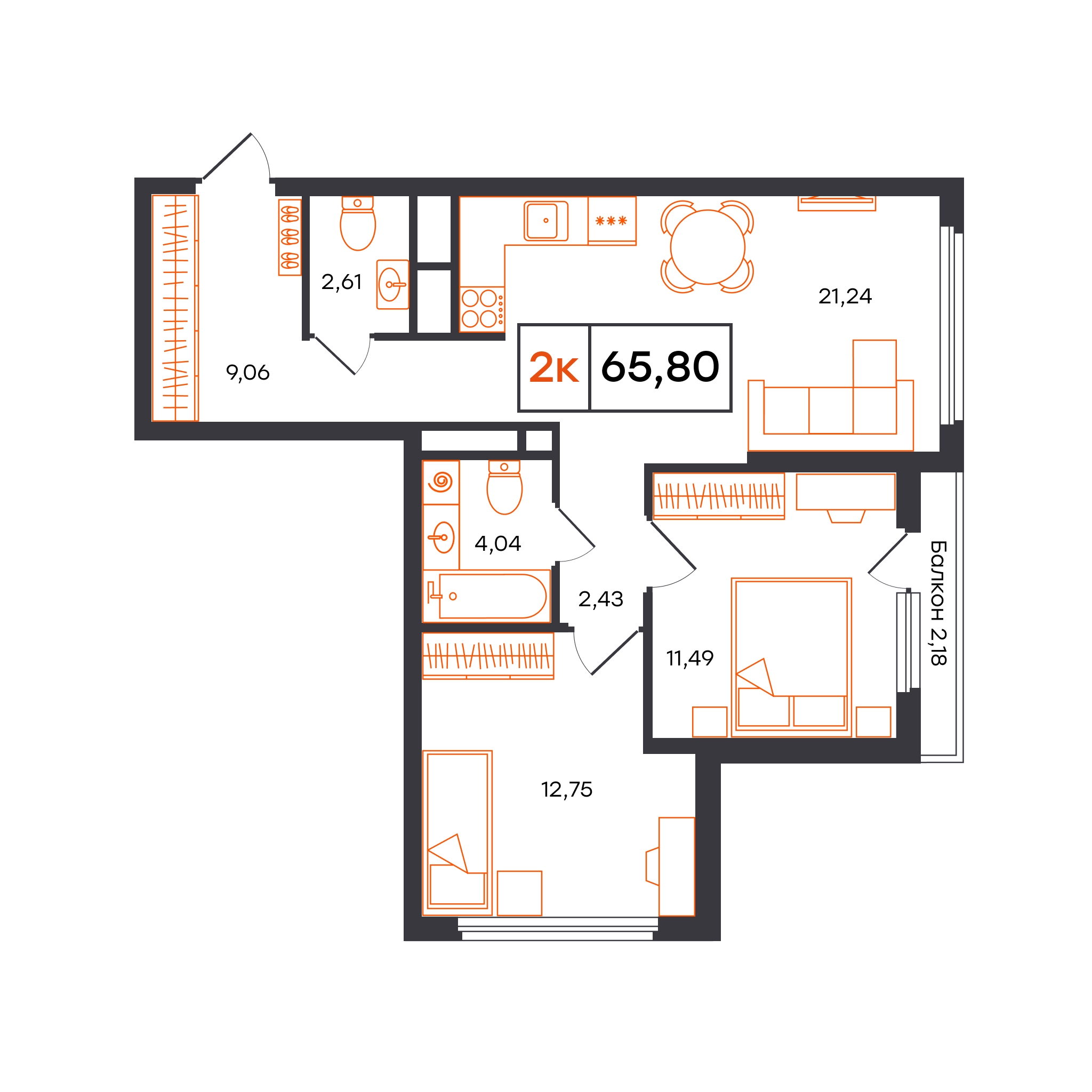Планировка: Евротрешка 65.8 м² в ЖК Отличие, Комарово Парк