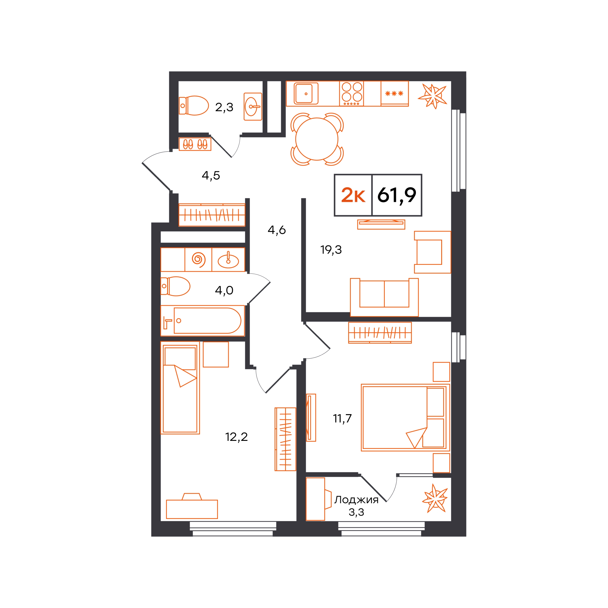 Планировка: Евротрешка 61.9 м² в ЖК Отличие, Комарово Парк