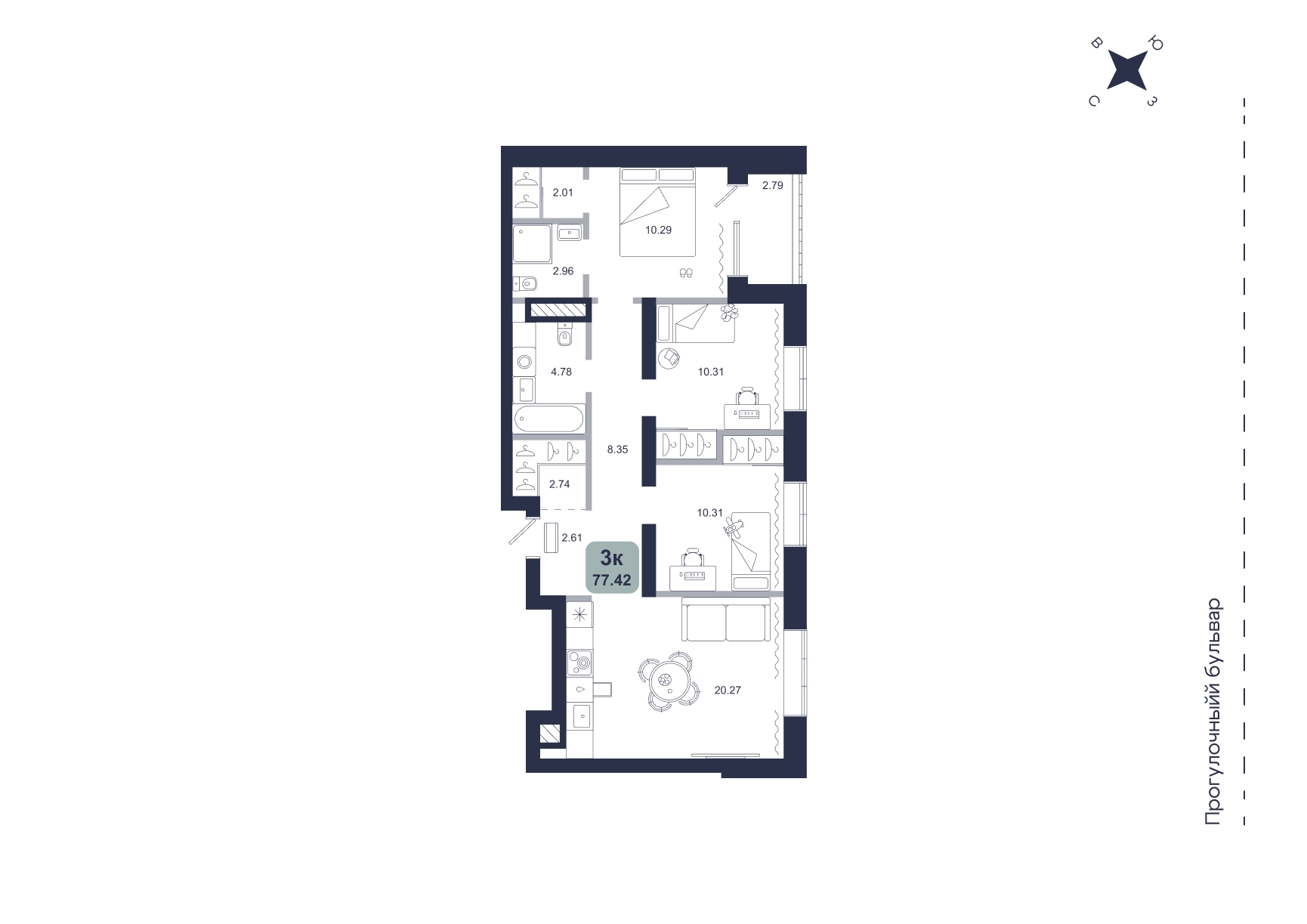 Планировка: 4-комнатная евро 77.4 м² в ЖК Хито, От Слободы до Комарово парк