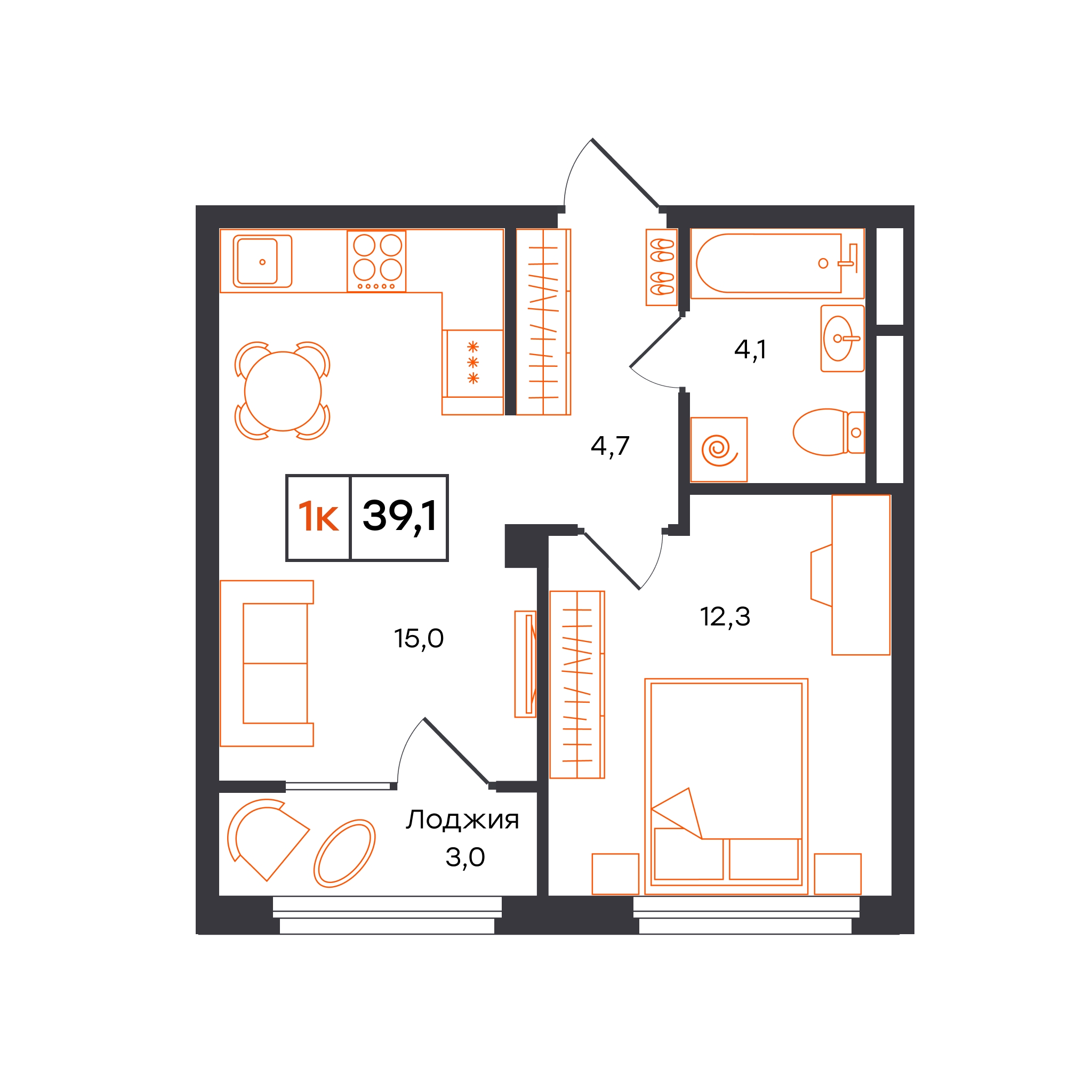 Планировка: Евродвушка 39.1 м² в ЖК Отличие, Комарово Парк