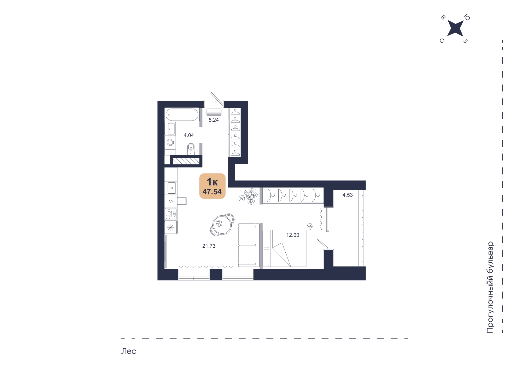 Планировка: Евродвушка 47.5 м² в ЖК Хито, От Слободы до Комарово парк