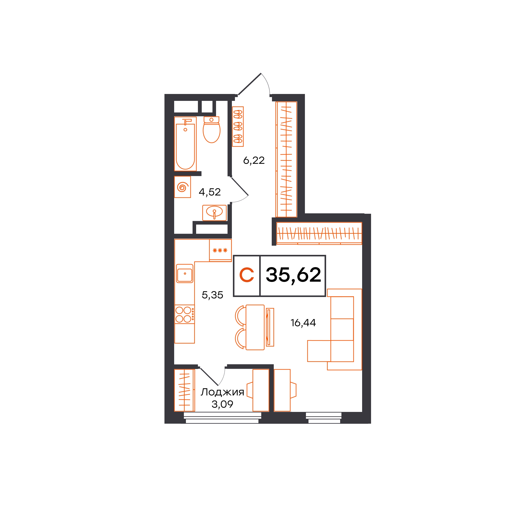 Планировка: Студия 35.6 м² в ЖК Отличие, Комарово Парк