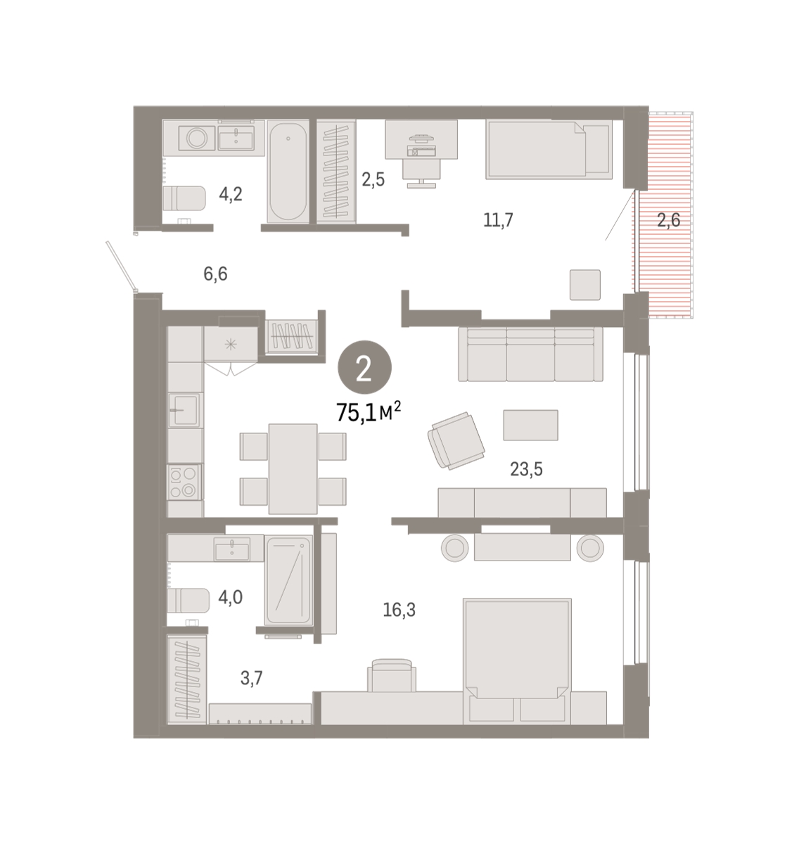 Планировка: 2-комнатная 75.1 м² в ЖК Октябрьский на Туре, ДОК