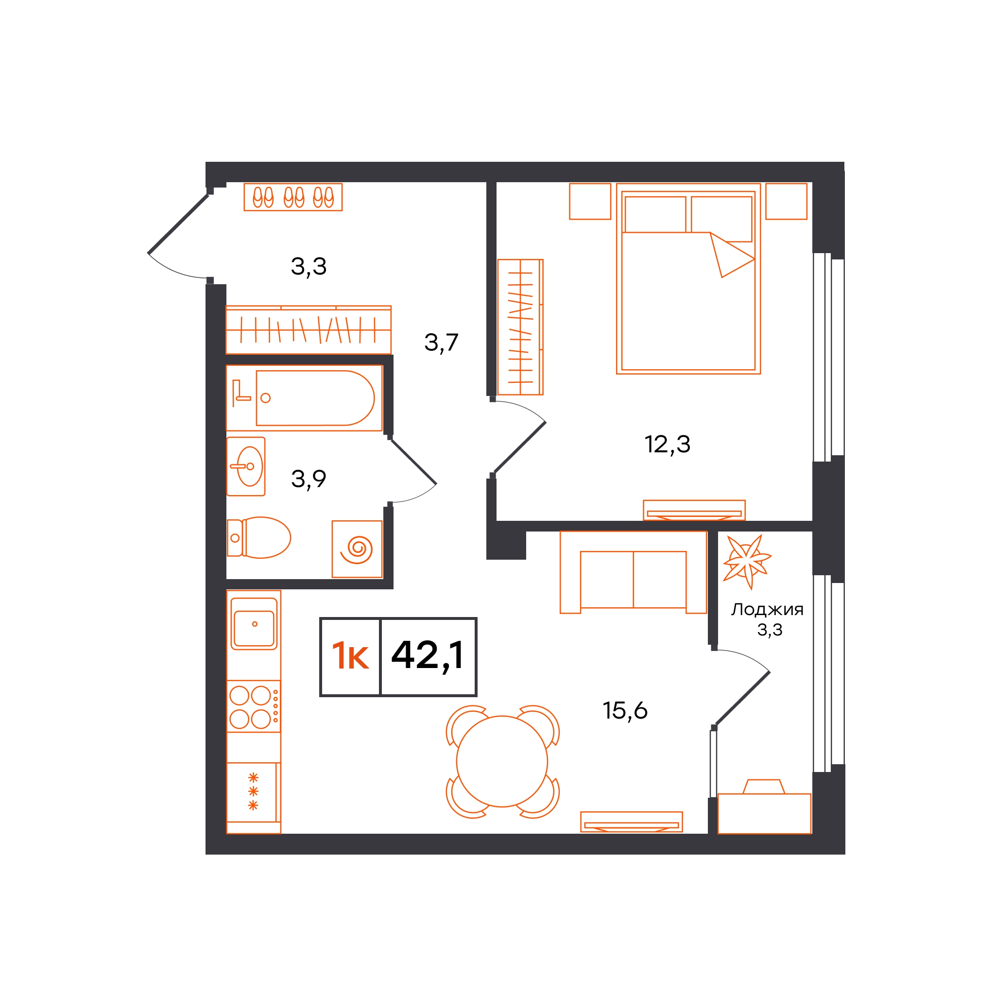 Планировка: Евродвушка 42.1 м² в ЖК Отличие, Комарово Парк