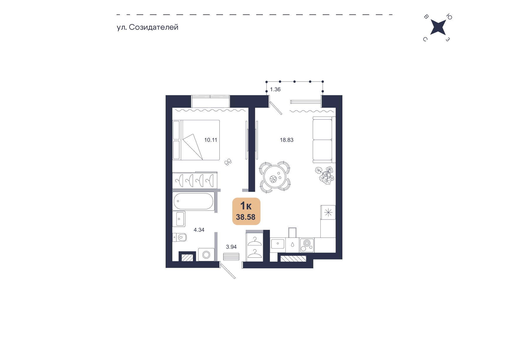 Планировка: Евродвушка 38.6 м² в ЖК Хито, От Слободы до Комарово парк