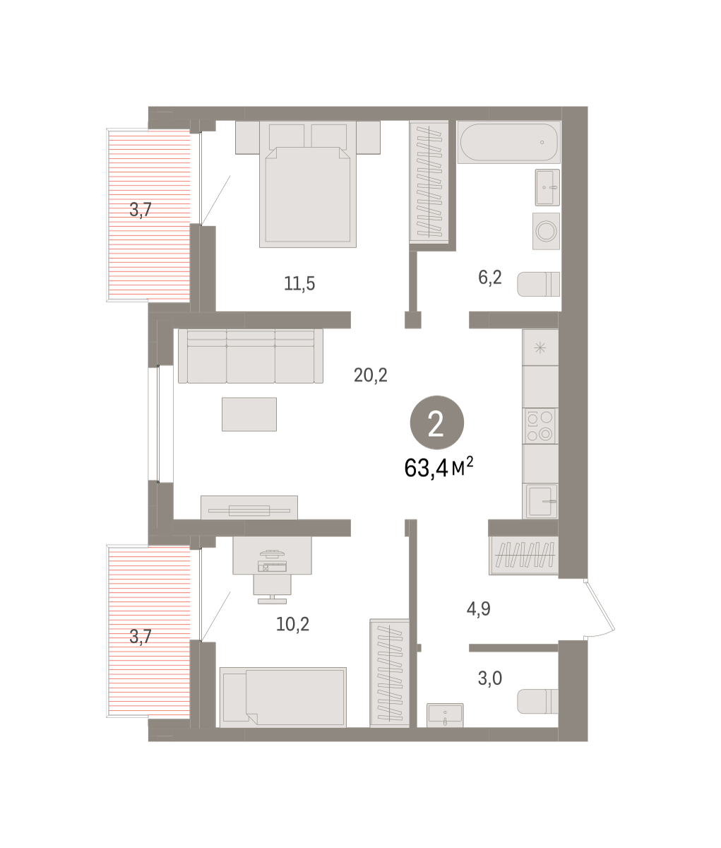 Планировка: Евротрешка 63.4 м² в ЖК Речной порт, Центр: Дом печати