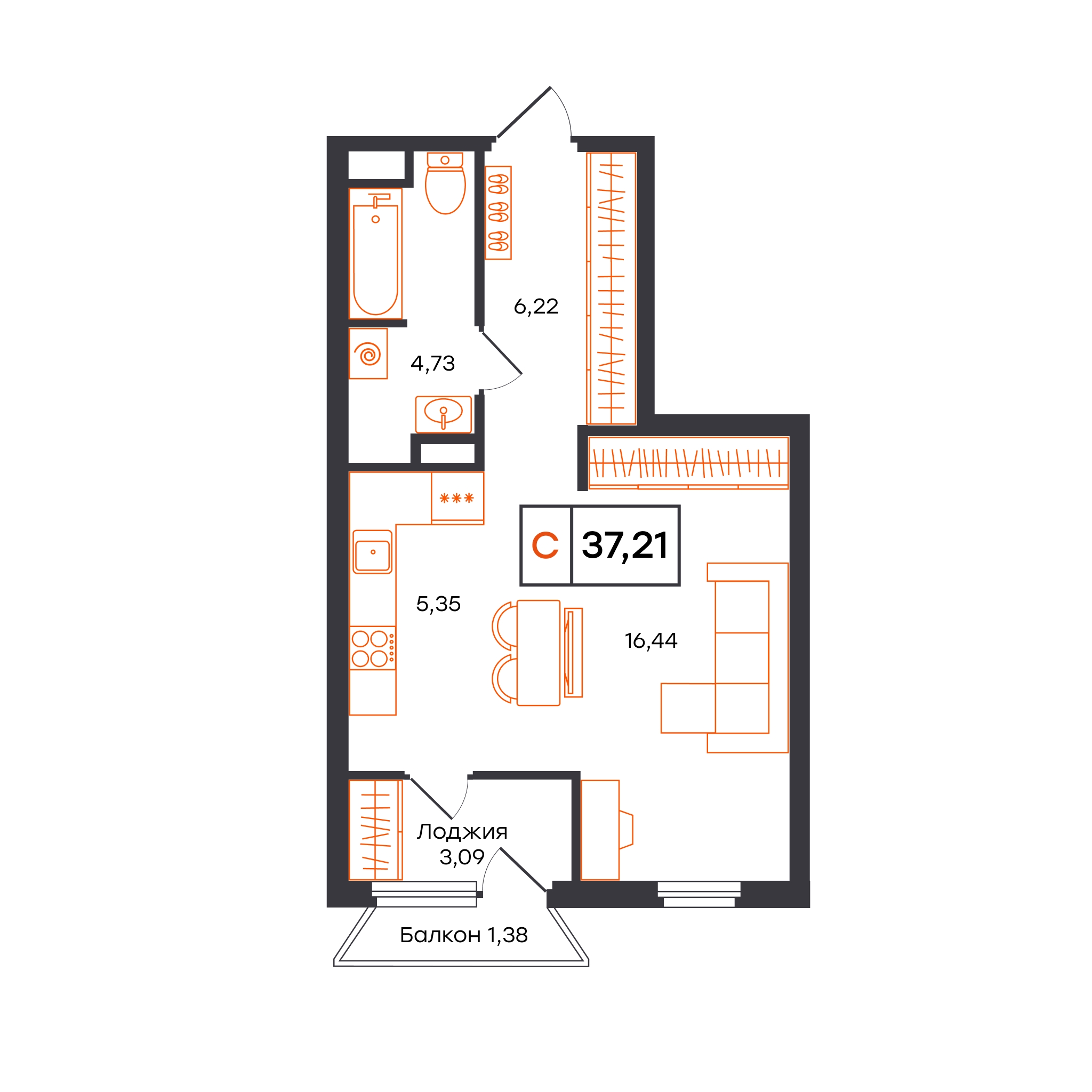 Планировка: Студия 37.2 м² в ЖК Отличие, Комарово Парк