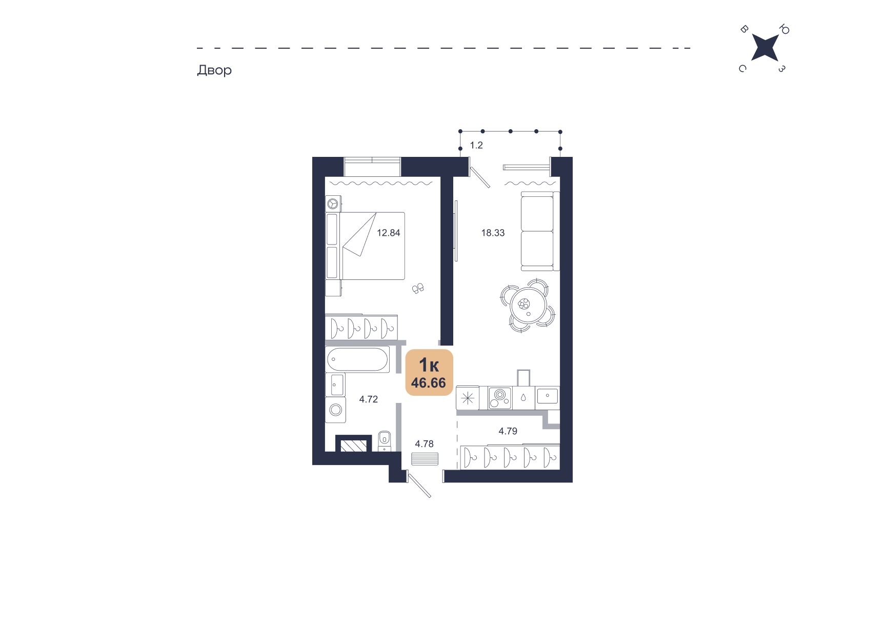 Планировка: Евродвушка 46.7 м² в ЖК Хито, От Слободы до Комарово парк