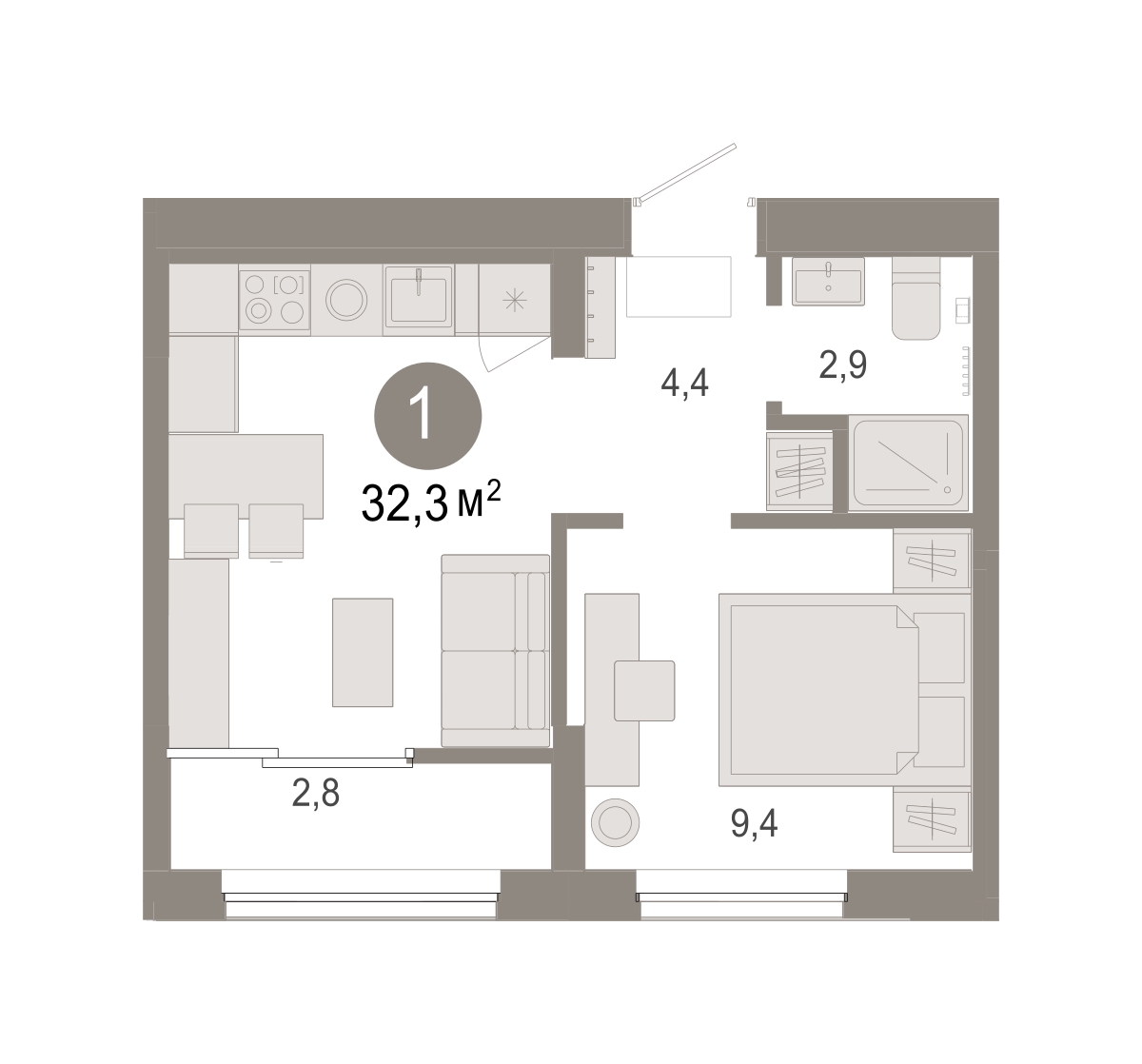 Планировка: 1-комнатная 32.3 м² в ЖК Октябрьский на Туре, ДОК