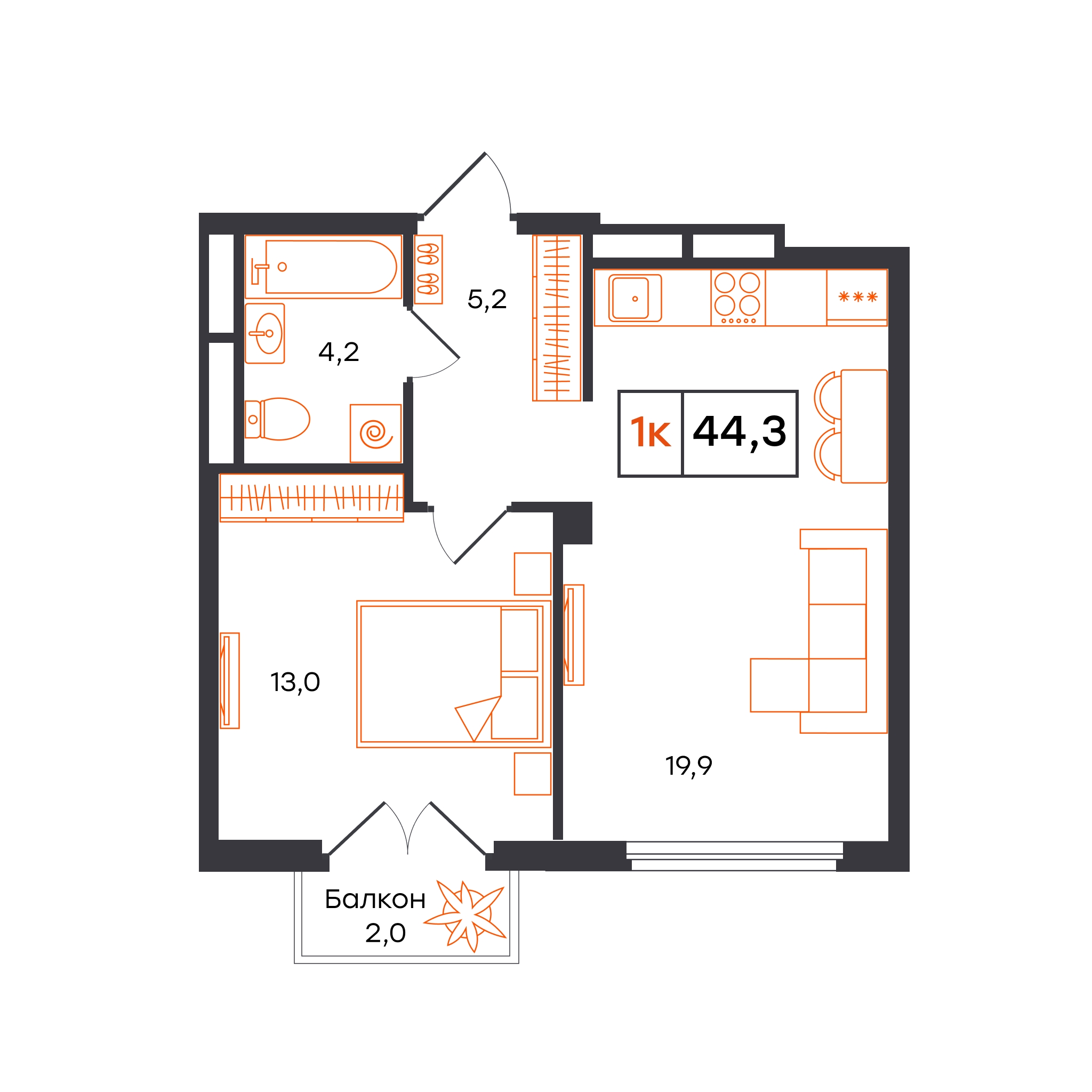 Планировка: Евродвушка 44.3 м² в ЖК Отличие, Комарово Парк
