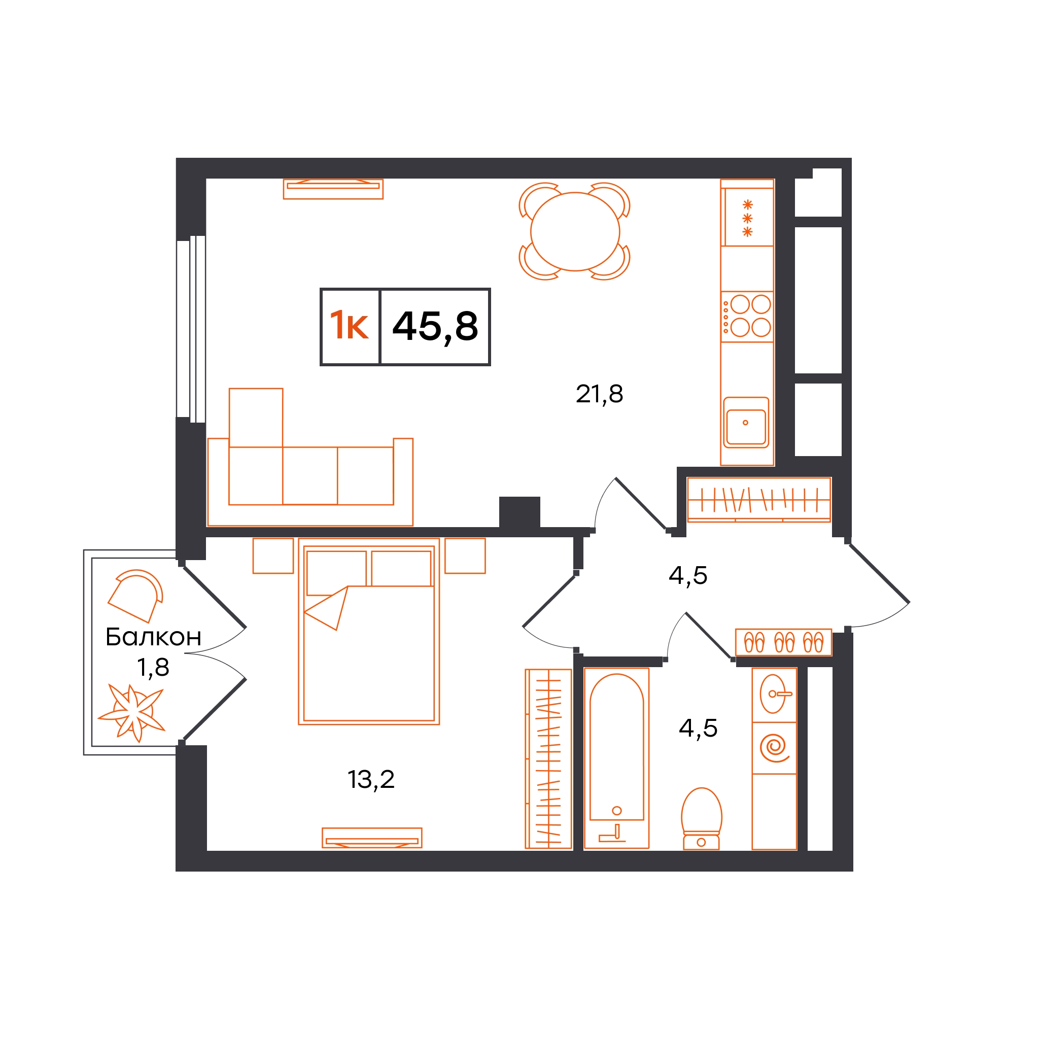Планировка: Евродвушка 45.8 м² в ЖК Отличие, Комарово Парк