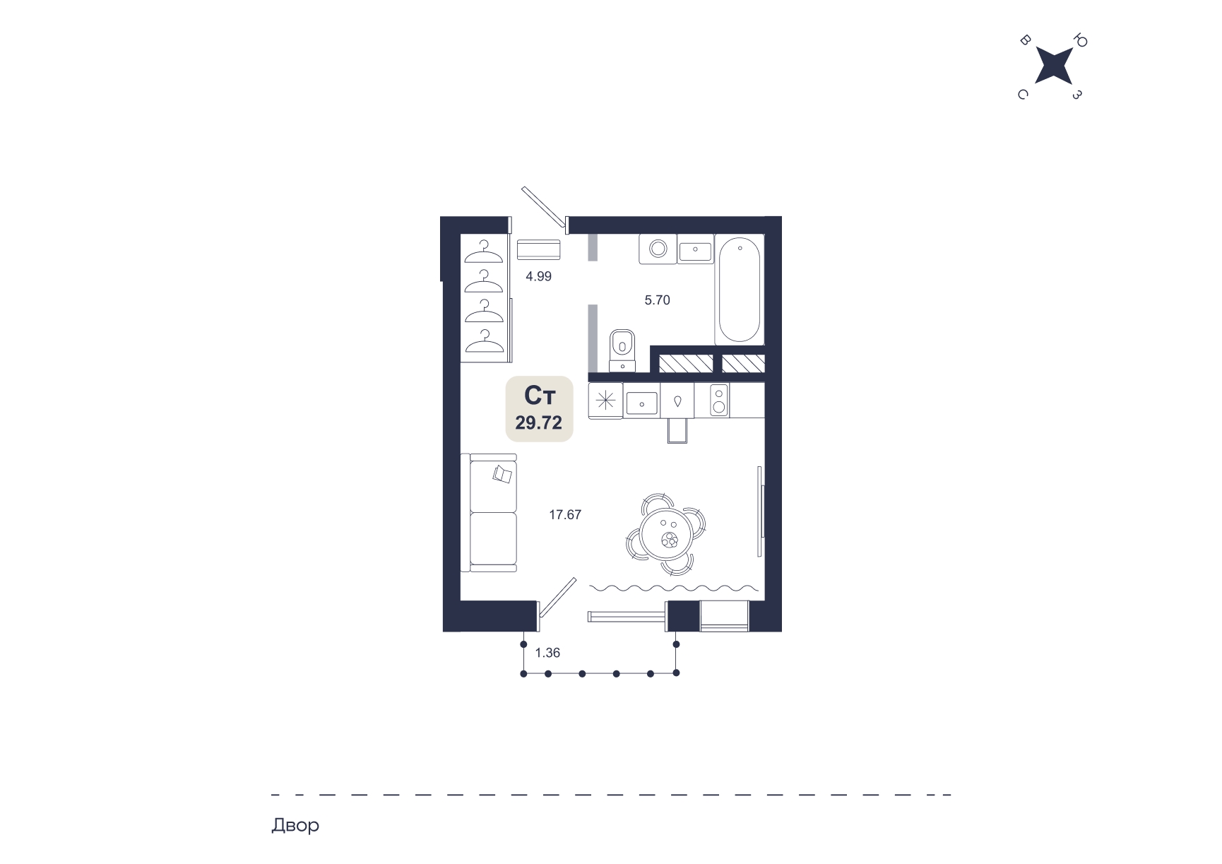 Планировка: Студия 29.7 м² в ЖК Хито, От Слободы до Комарово парк