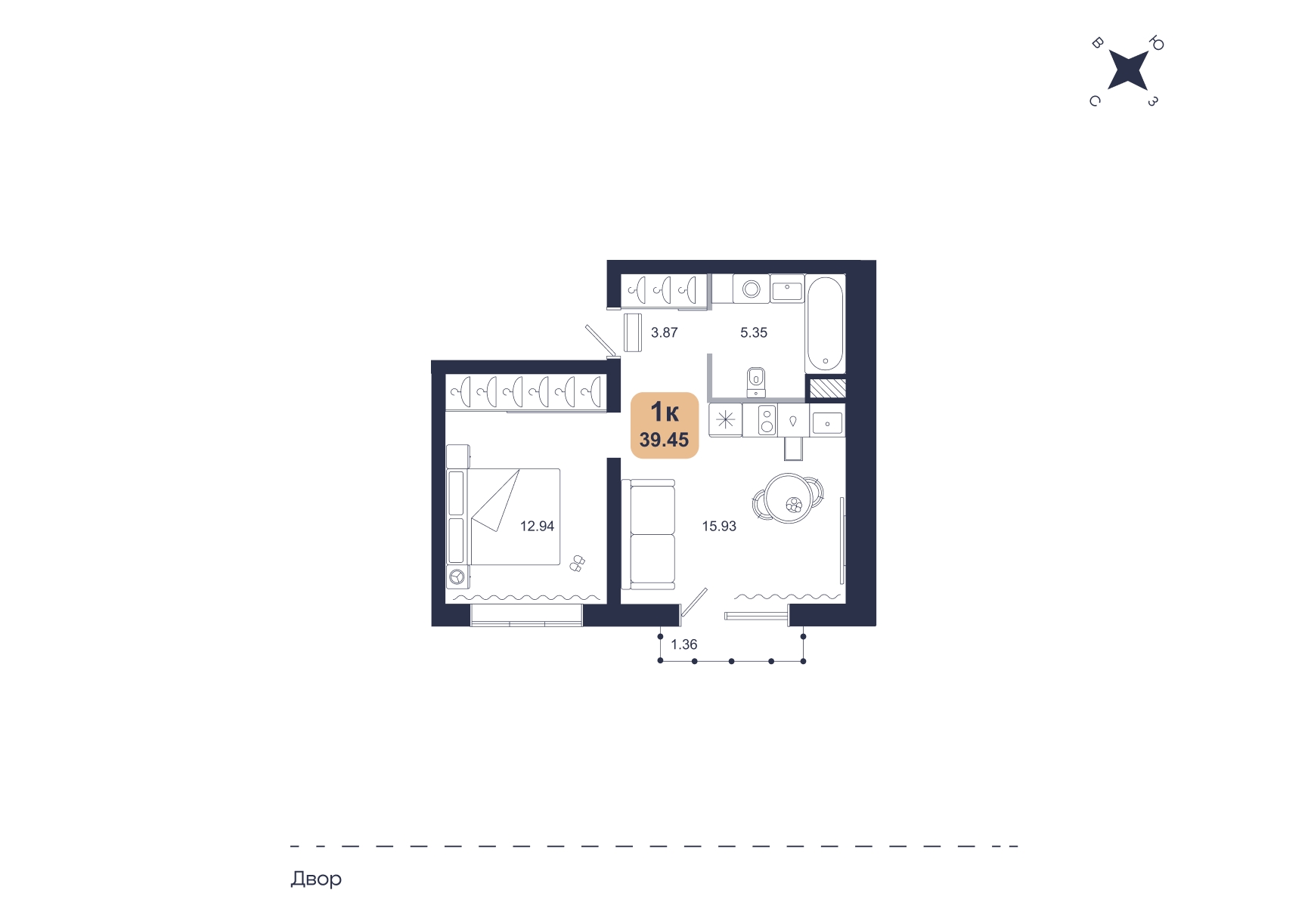 Планировка: Евродвушка 39.5 м² в ЖК Хито, От Слободы до Комарово парк