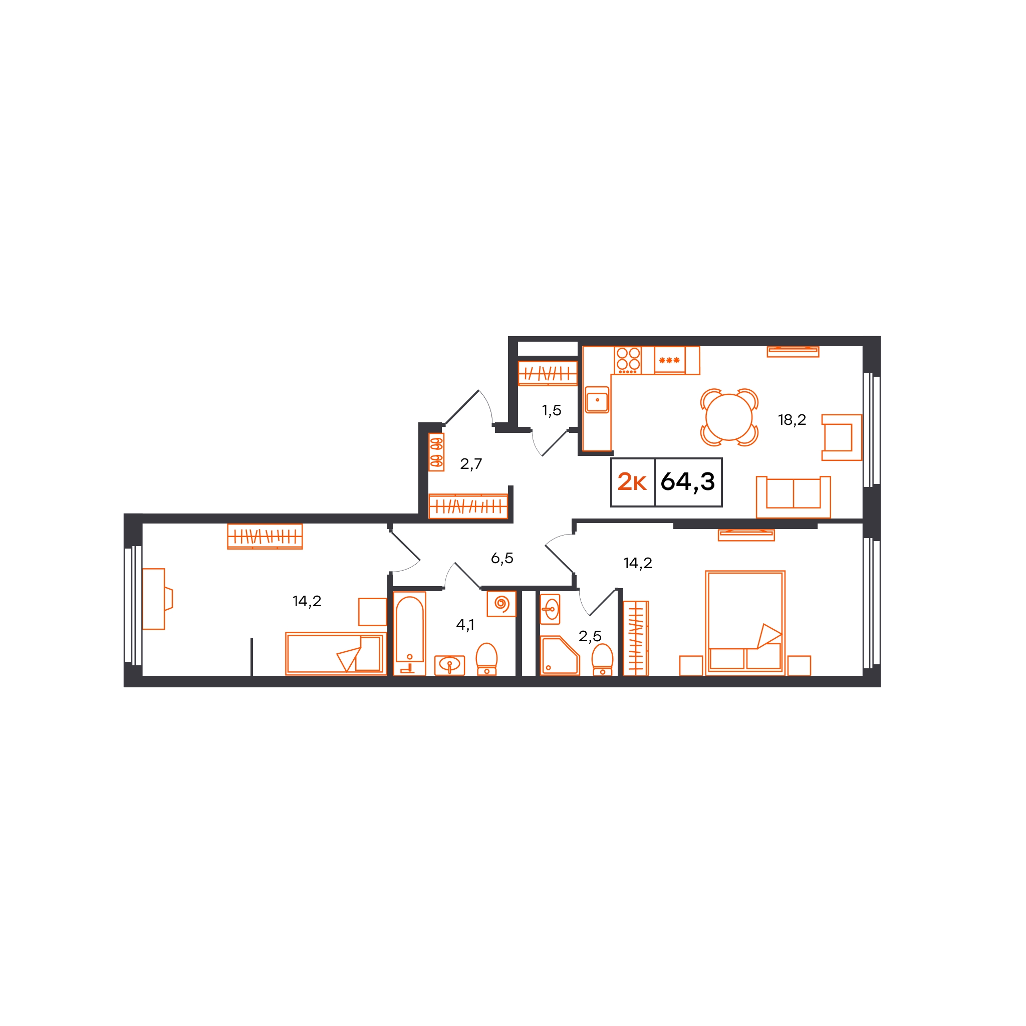 Планировка: Евротрешка 64.3 м² в ЖК Отличие, Комарово Парк