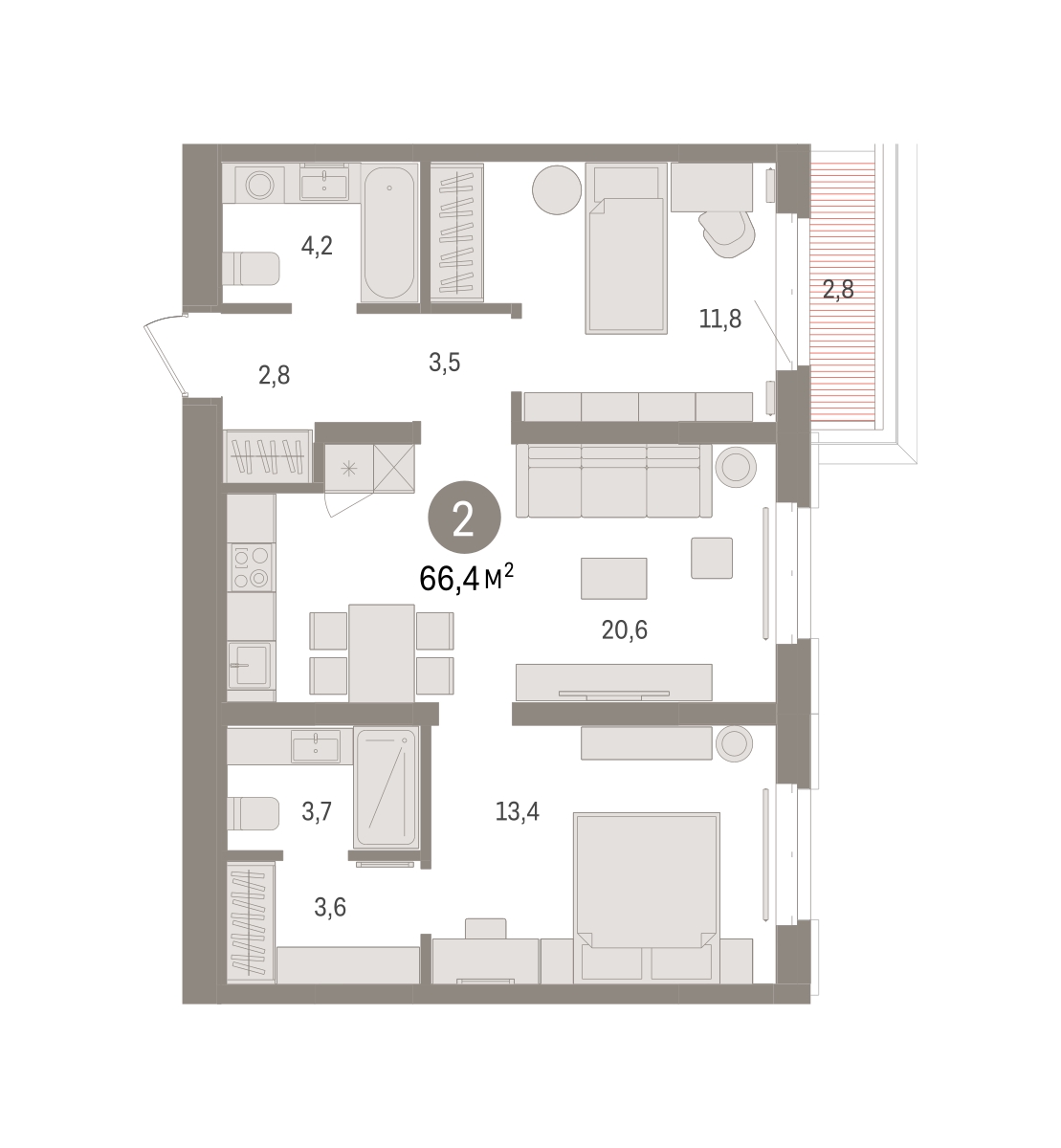 Планировка: 2-комнатная 66.4 м² в ЖК На Минской, Центр: Драмтеатр