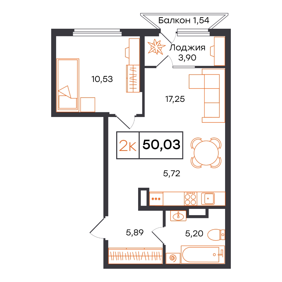 Планировка: Евродвушка 50 м² в ЖК Отличие, Комарово Парк