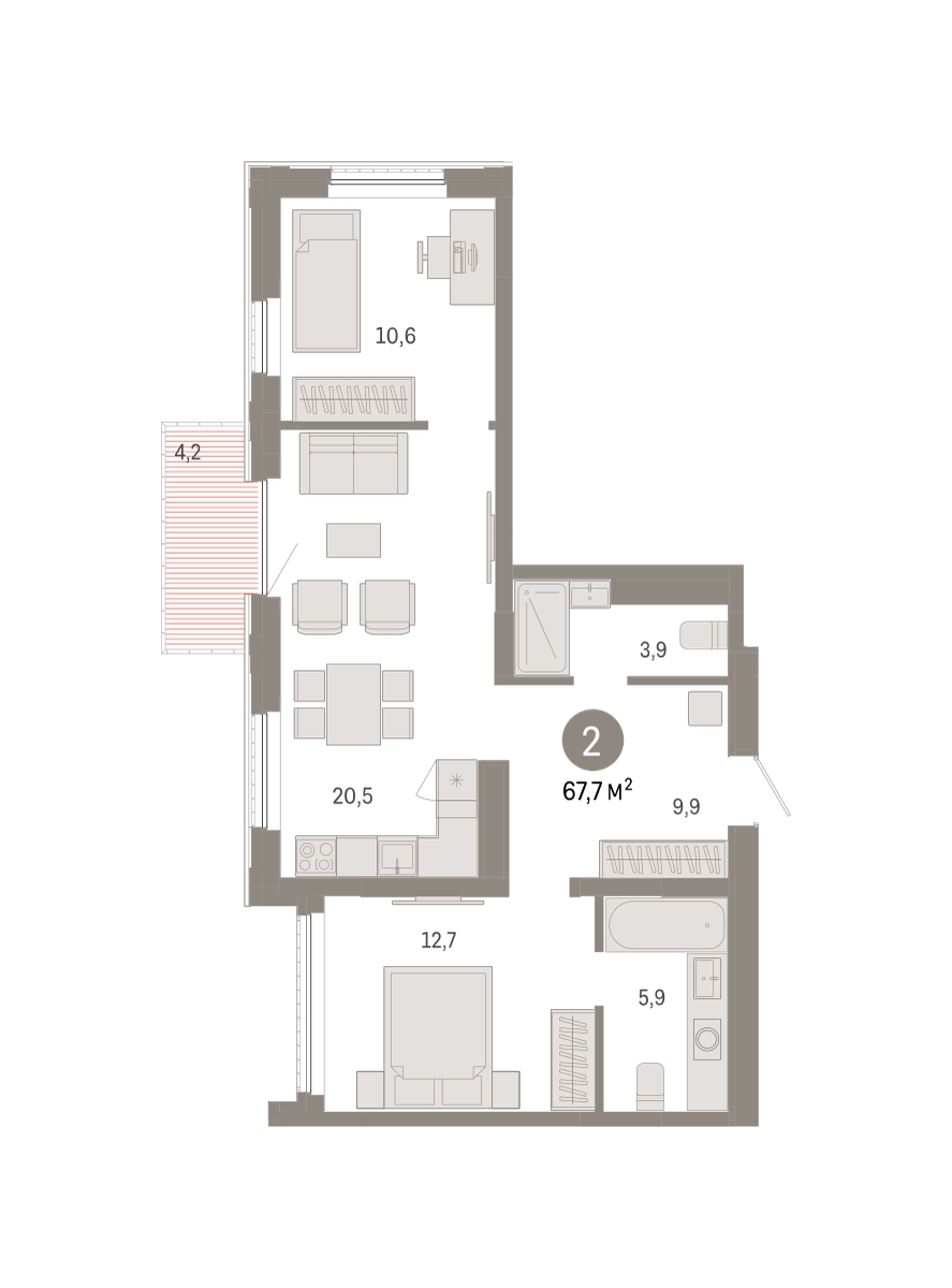 Планировка: Евротрешка 67.7 м² в ЖК Октябрьский на Туре, ДОК