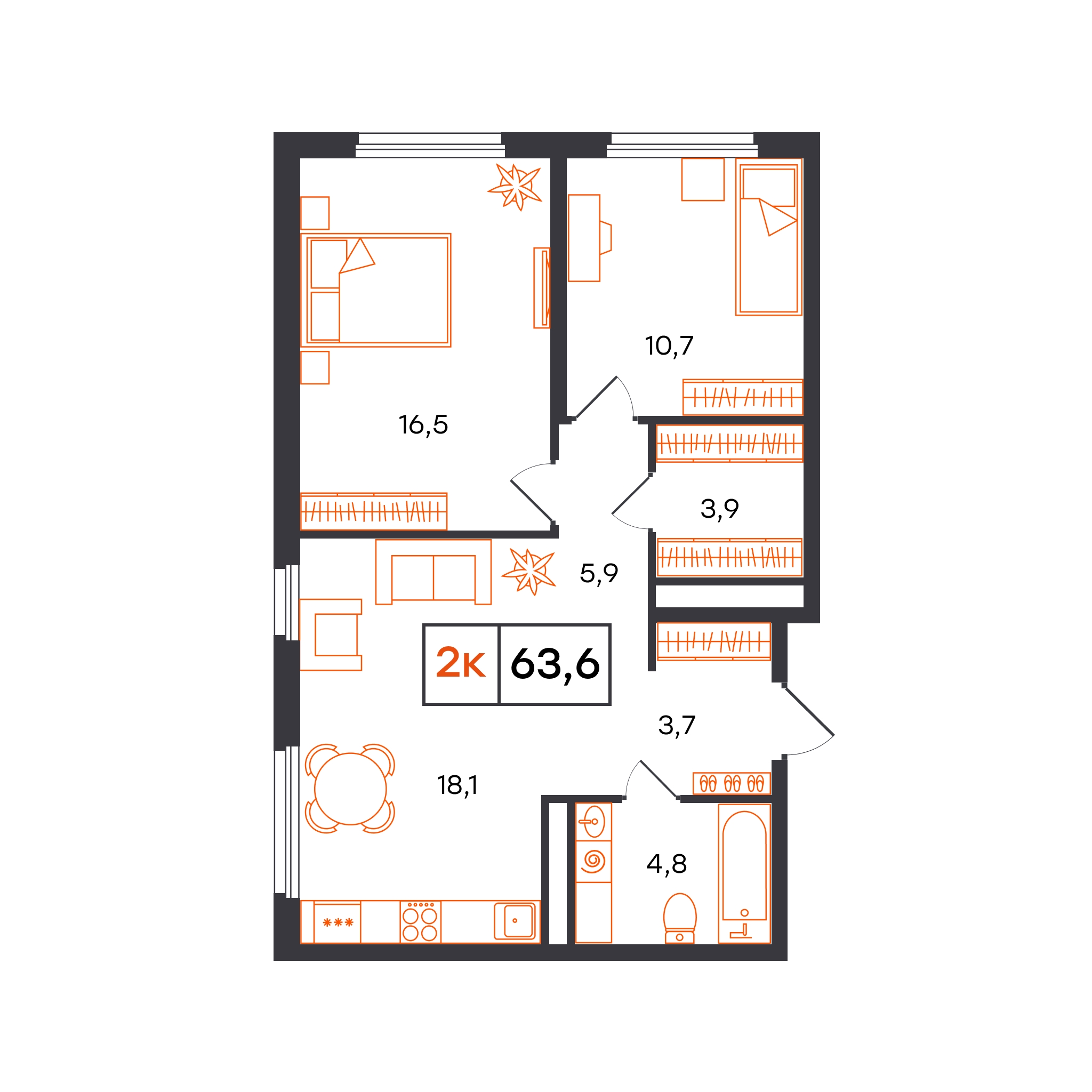 Планировка: Евротрешка 63.6 м² в ЖК Отличие, Комарово Парк