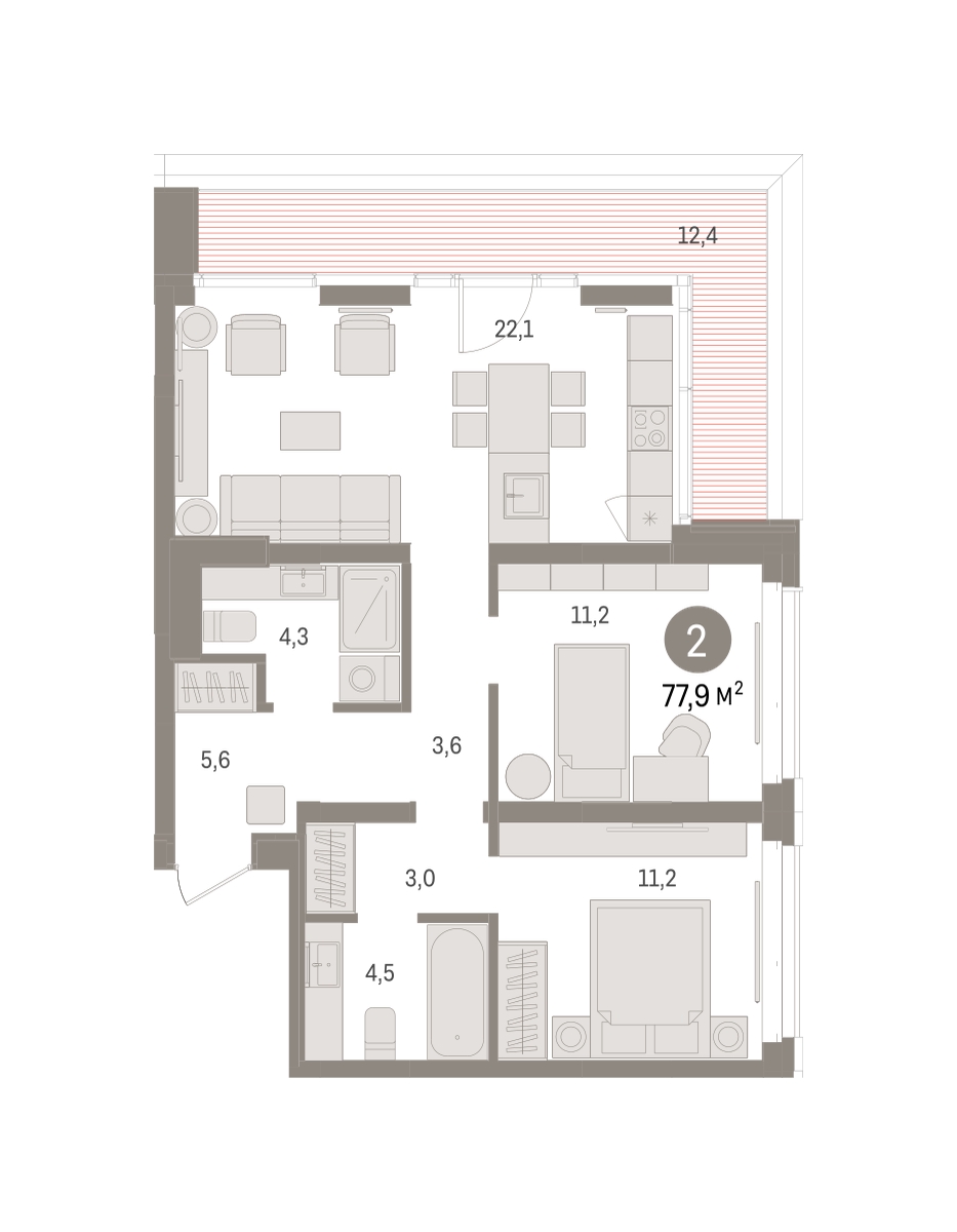 Планировка: 2-комнатная 77.9 м² в ЖК На Минской, Центр: Драмтеатр