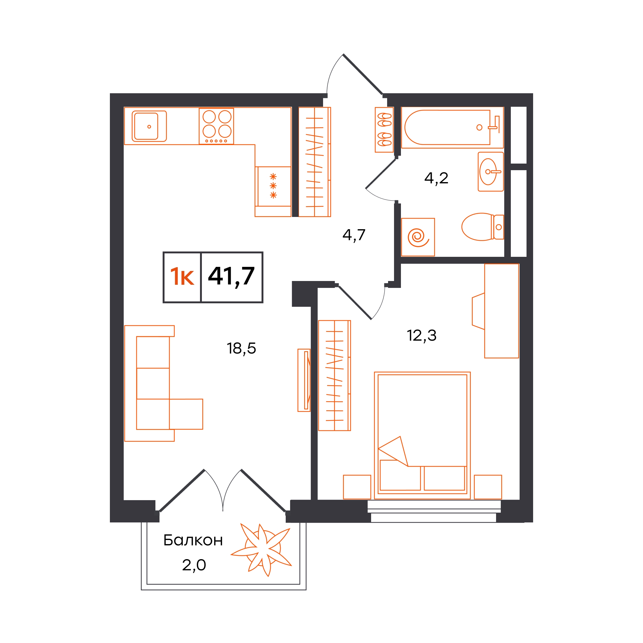 Планировка: Евродвушка 41.7 м² в ЖК Отличие, Комарово Парк
