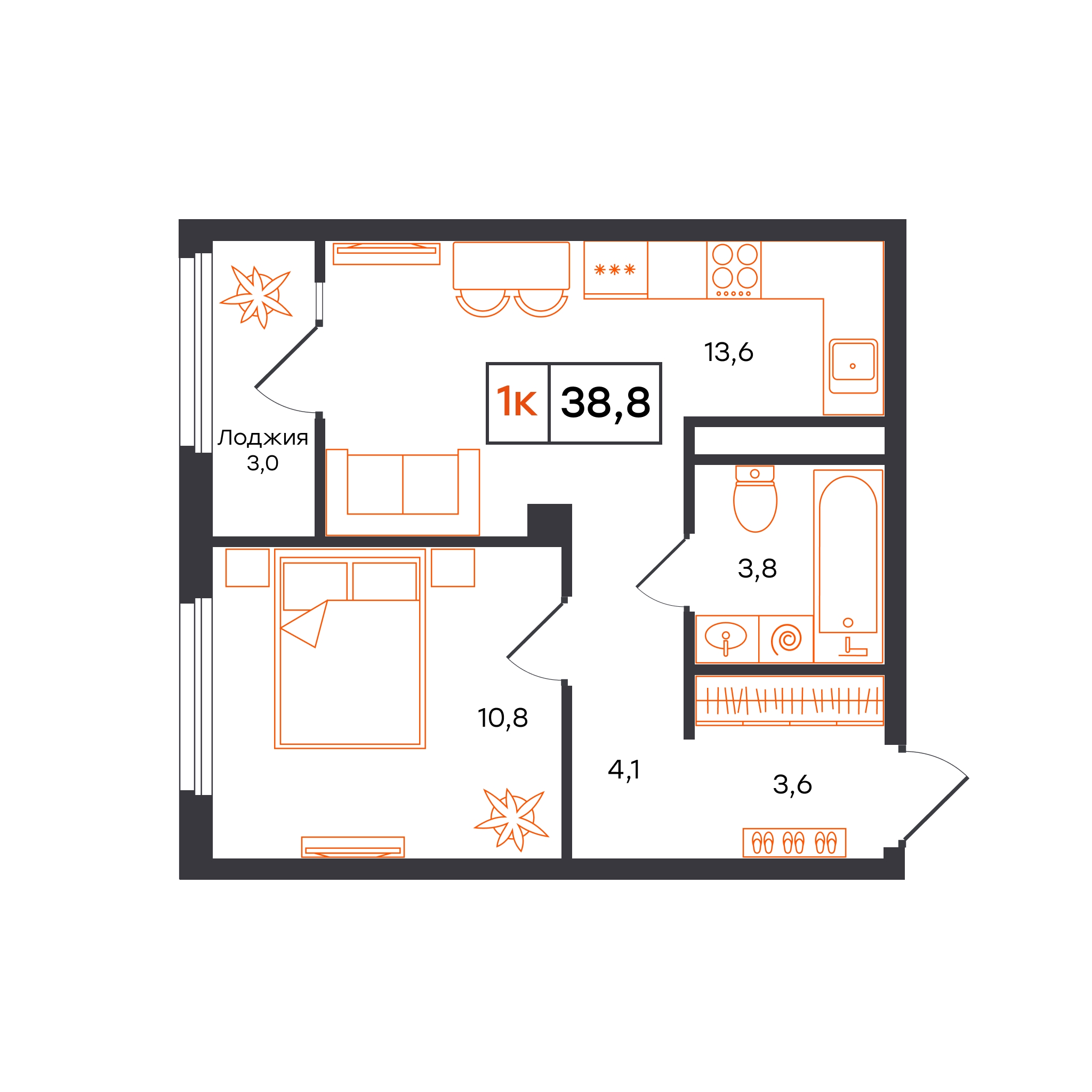 Планировка: Евродвушка 38.8 м² в ЖК Отличие, Комарово Парк