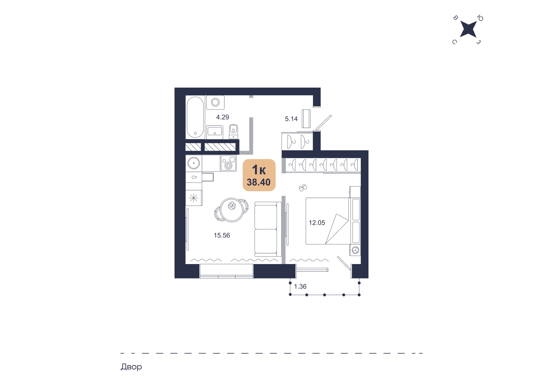 Планировка: Евродвушка 38.4 м² в ЖК Хито, От Слободы до Комарово парк