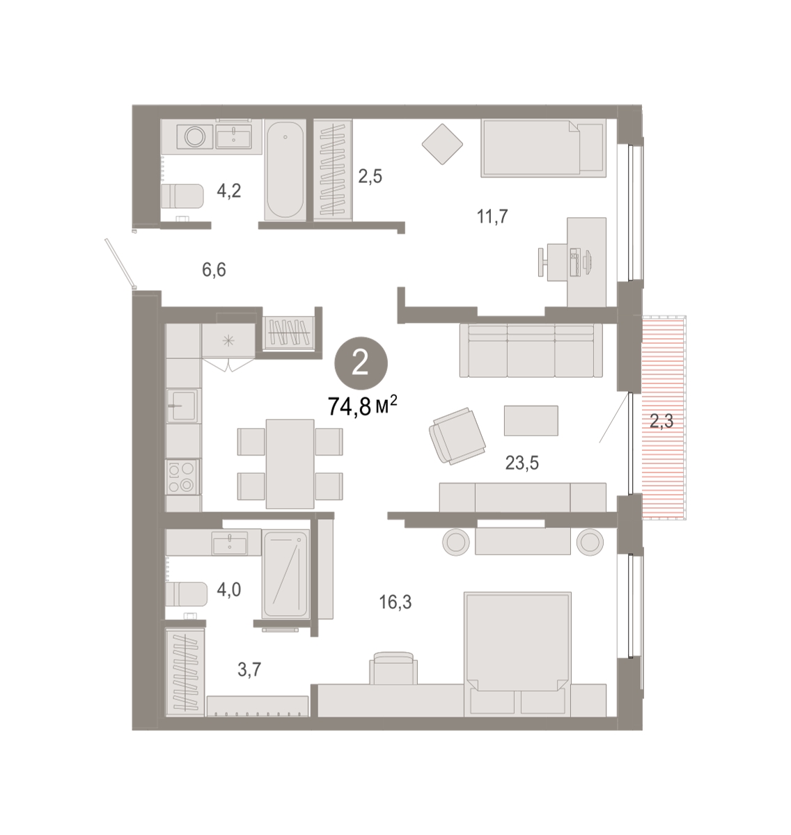 Планировка: 2-комнатная 74.8 м² в ЖК Октябрьский на Туре, ДОК