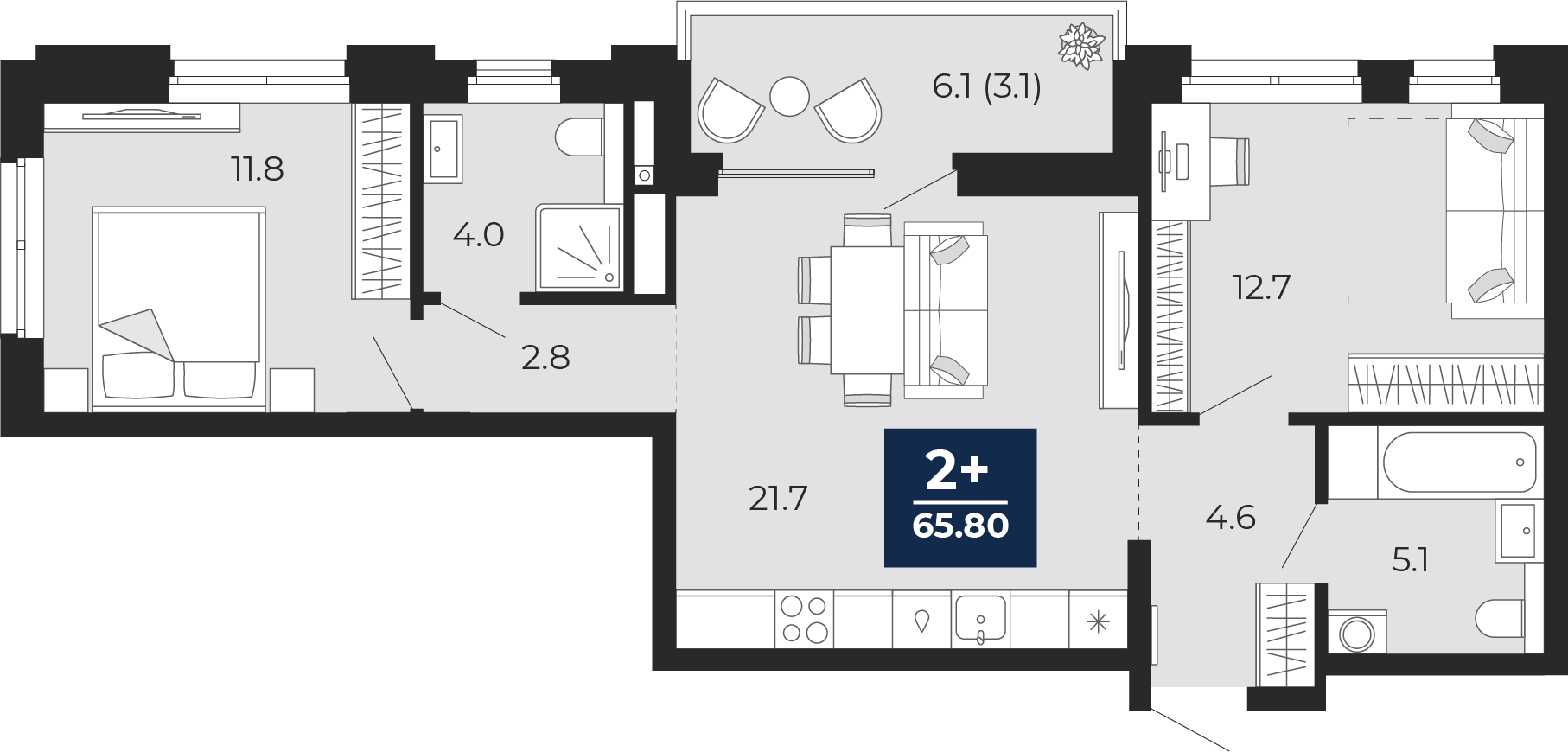 Планировка: Евротрешка 68.8 м² в ЖК Мириады, Мыс