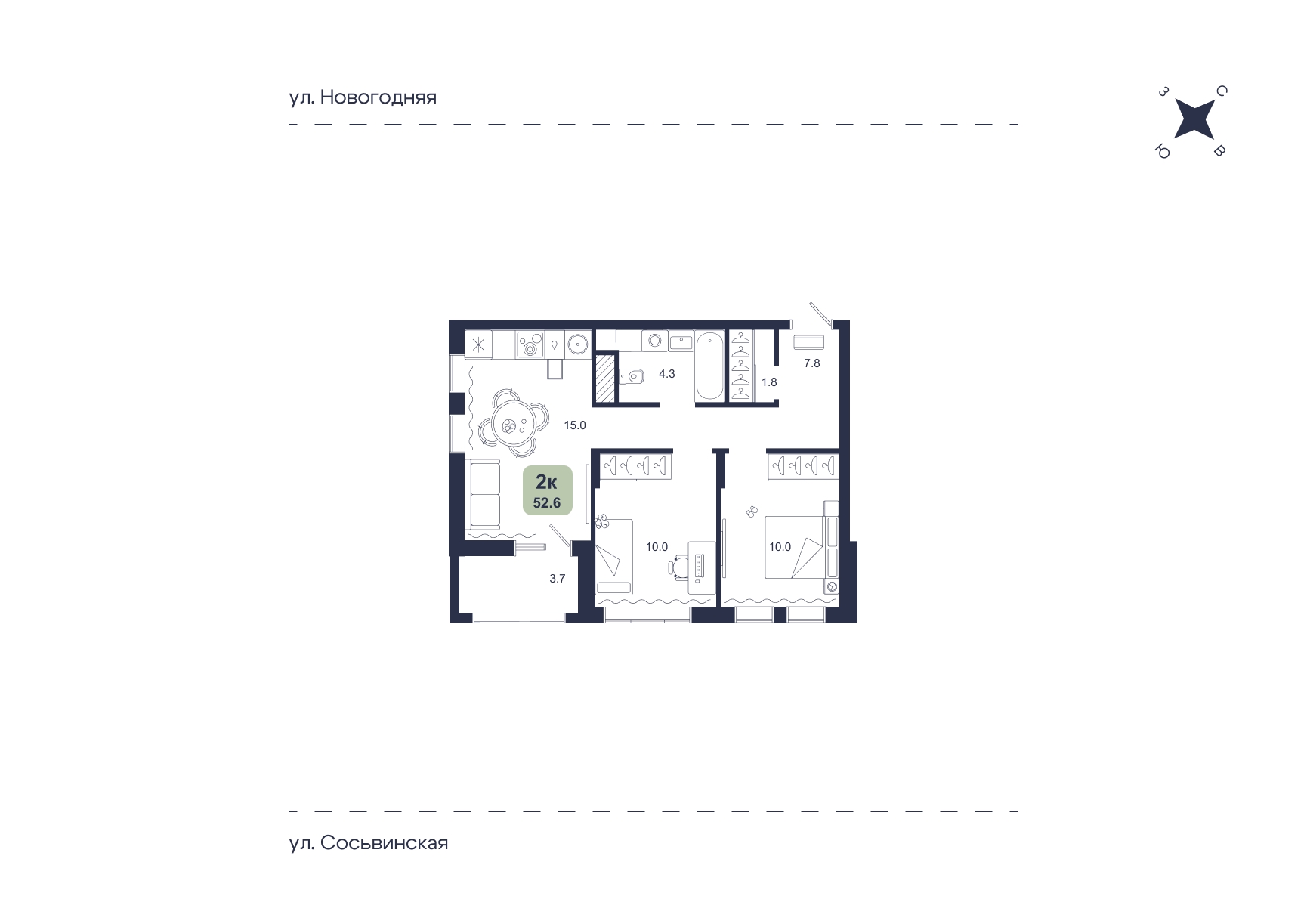 Планировка: Евротрешка 52.6 м² в ЖК Свой, Югра